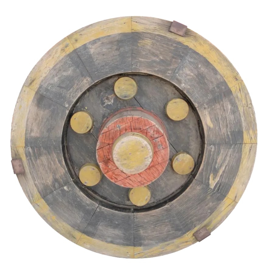 Vintage Industrial Gear Mold - Patinated Wood Sculpture From Portland Cement Factory: An absolutely incredible industrial artifact, this large vintage gear mold was originally used in a Portland cement factory to cast massive metal gears for rock crushing. Crafted from solid wood and f