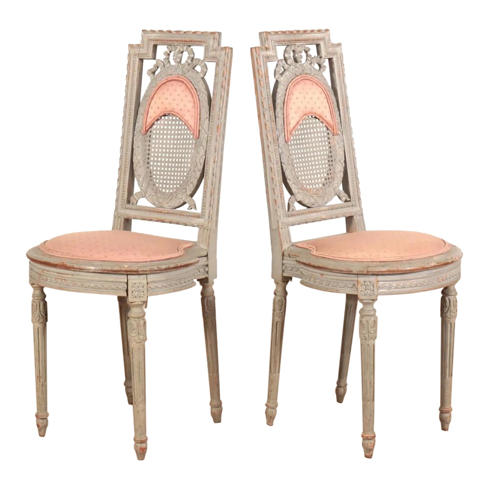 Pair of Early 1900s Gray Painted Pink Upholstered French Louis Philippe Side Chairs: I would imagine these came from some lovely gilded age music room. They would fit well today in a hall or boudoir Condition: Alterations: Original Condition Unaltered Imperfections: Some