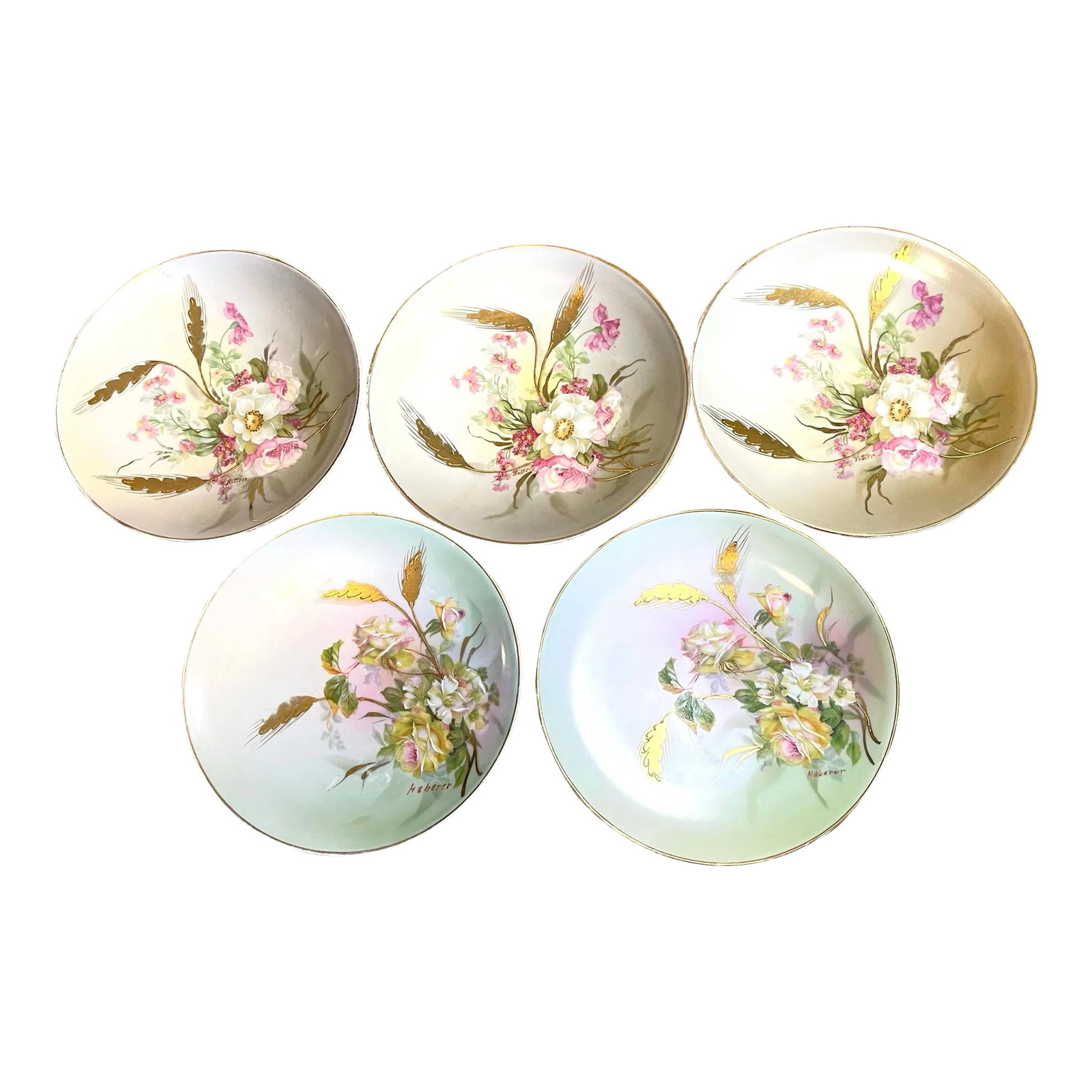 Set of 5 Antique M Z Austria Hand Painted Dessert Plates: Beautifully crafted Moritz Zdekauer (Austria) floral desert plates trimmed and outlined in gold, hand painted by JonRoth Studios. Makers mark reflects production sometime between (1884-1909). Perfect