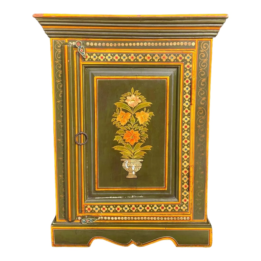 Vintage Folk Art Painted Tall Cabinet With Floral Design: Vintage Folk Art Painted 24" Tall Cabinet With Floral Design. This stunning Folk Art Cabinet has a captivating floral design. This charming piece is a true conversation starter and a perfect addition