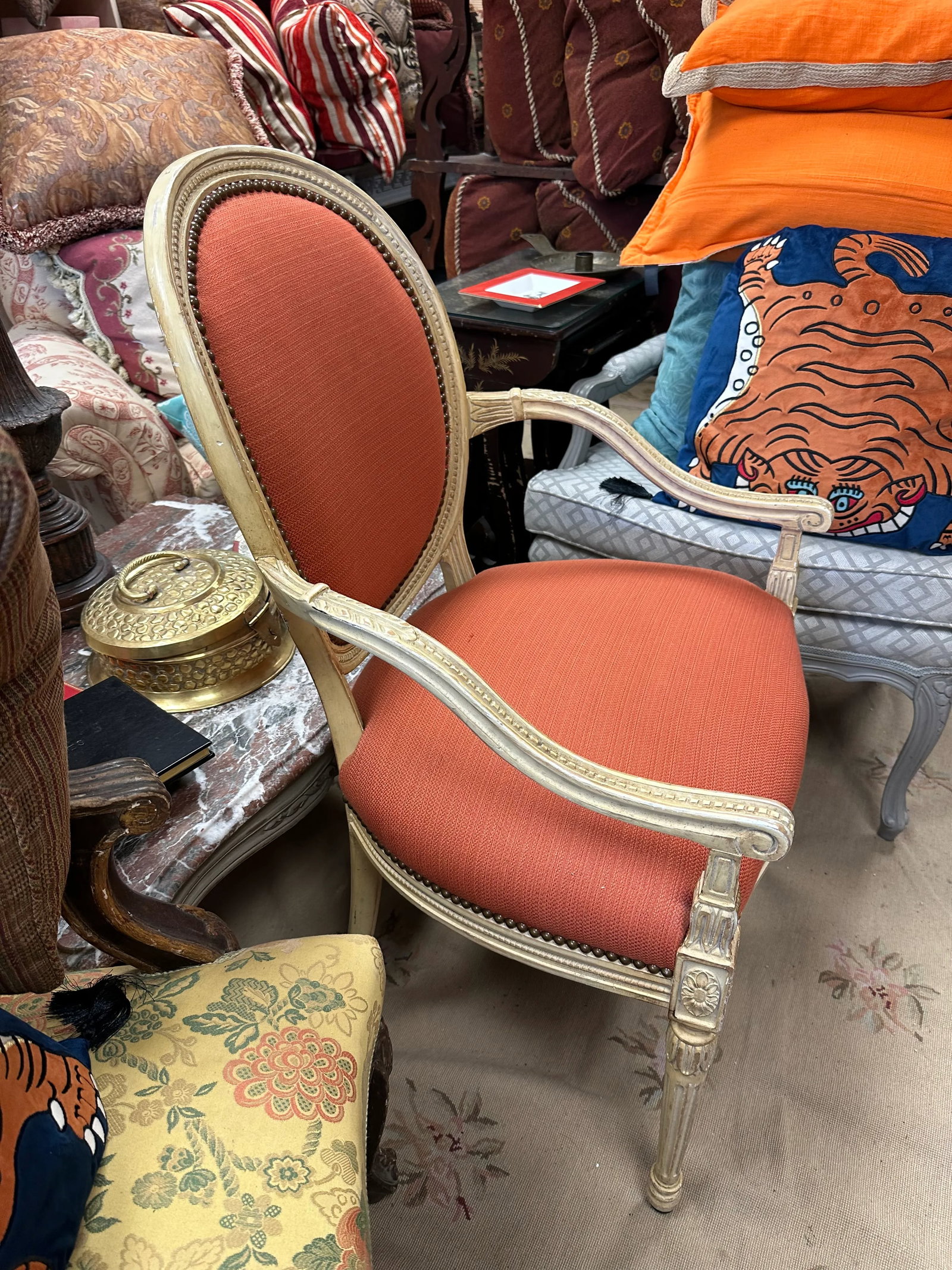 Mid 20th Century Louis Xv Style Coral Upholstered French Arm Chair With Racks Oval Back - 12