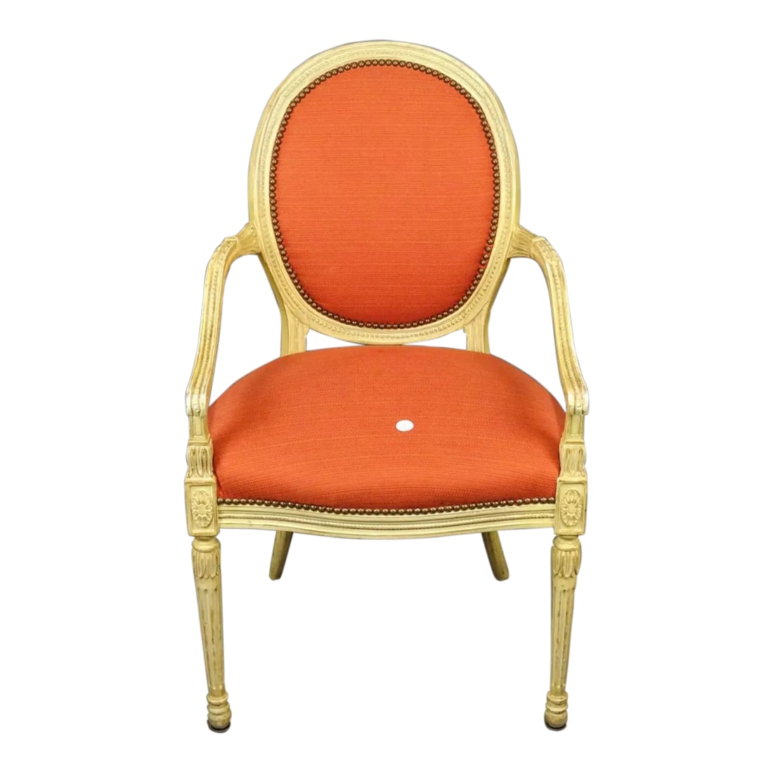 Mid 20th Century Louis Xv Style Coral Upholstered French Arm Chair With Racks Oval Back: A very unusual Louis xv style French armchair. The carving very unique and lovely. In excellent shape both structurally and with the upholstery Condition: Alterations: Original Condition Unaltered