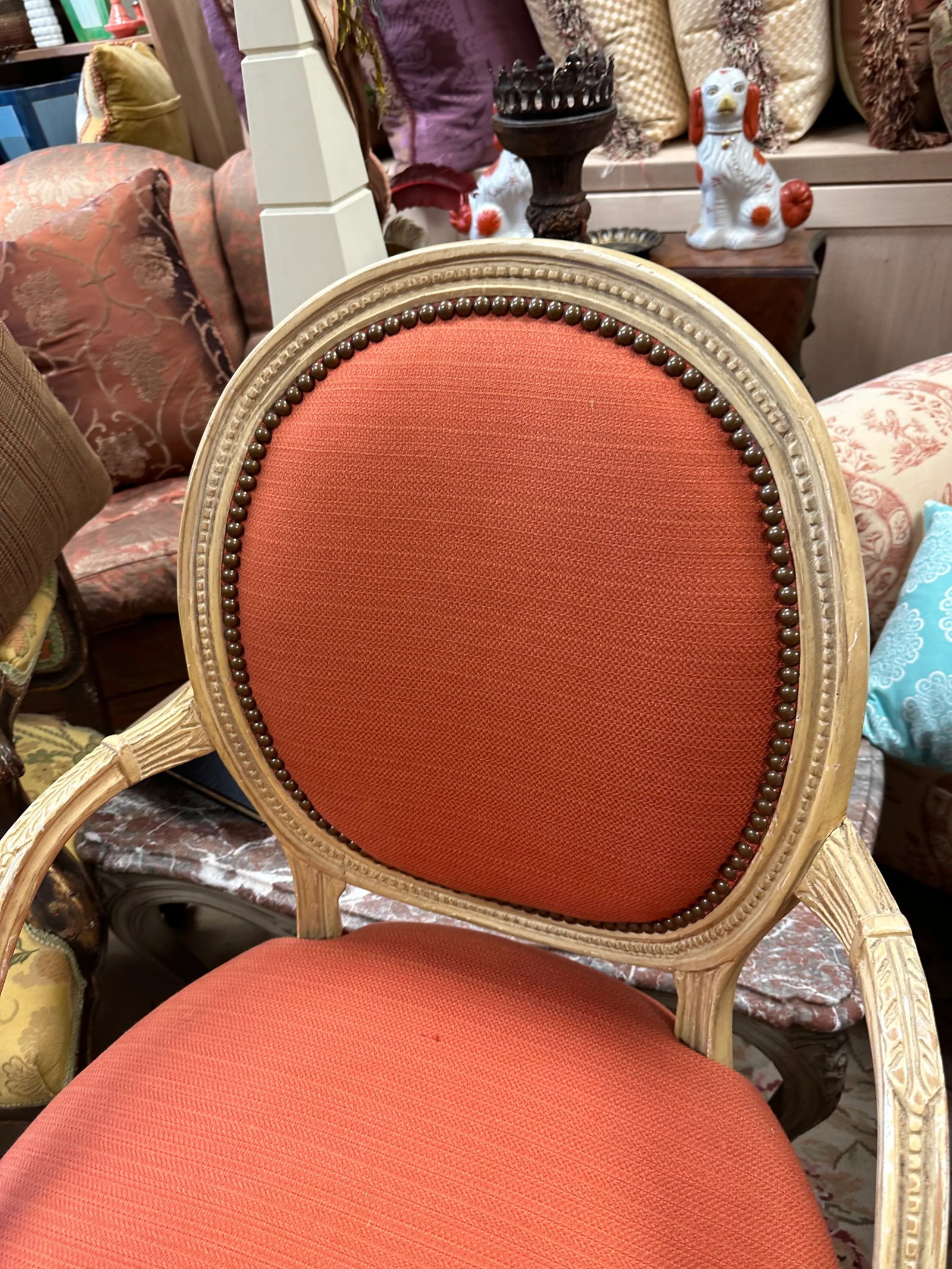 Mid 20th Century Louis Xv Style Coral Upholstered French Arm Chair With Racks Oval Back - 4
