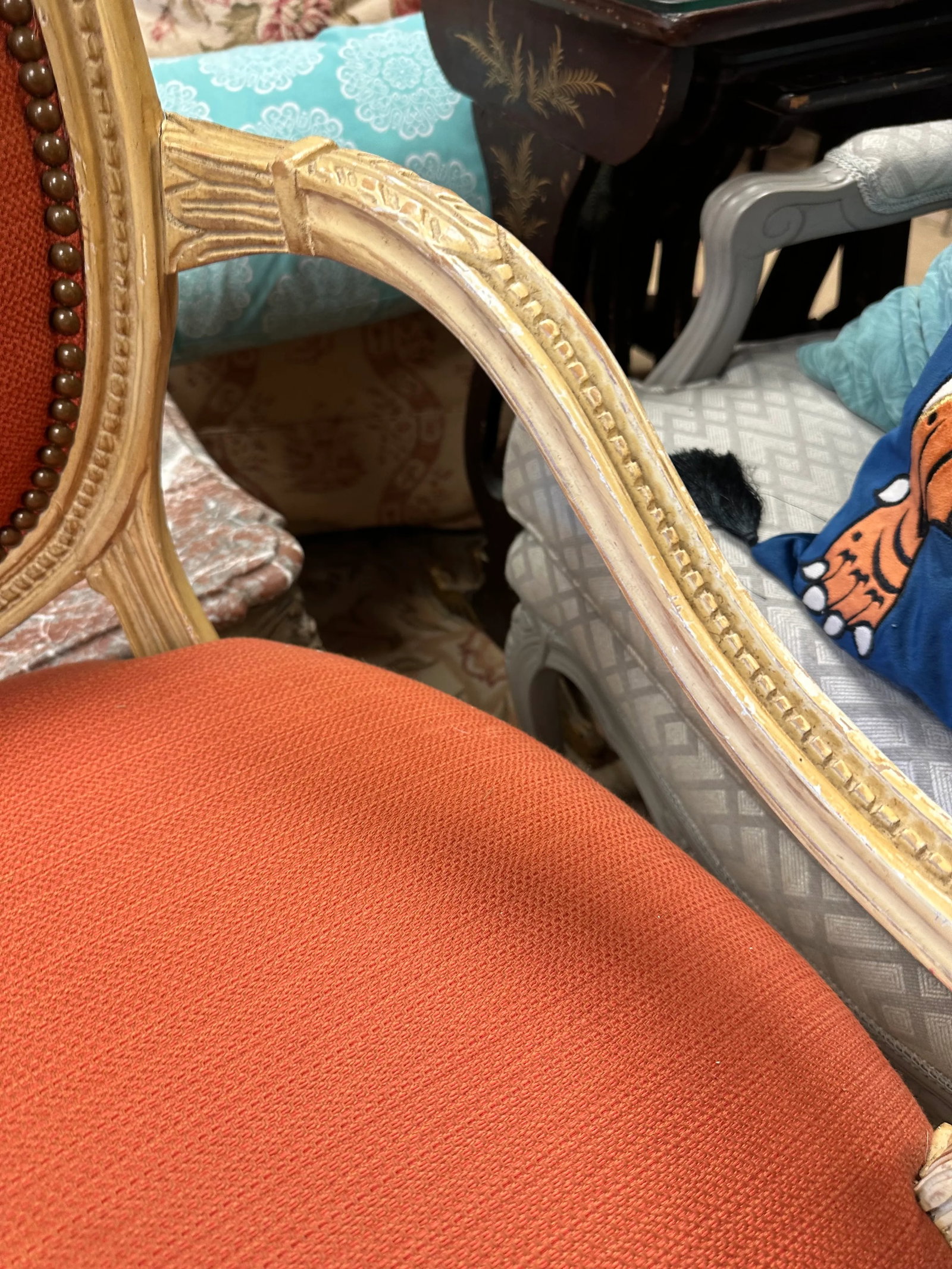 Mid 20th Century Louis Xv Style Coral Upholstered French Arm Chair With Racks Oval Back - 7