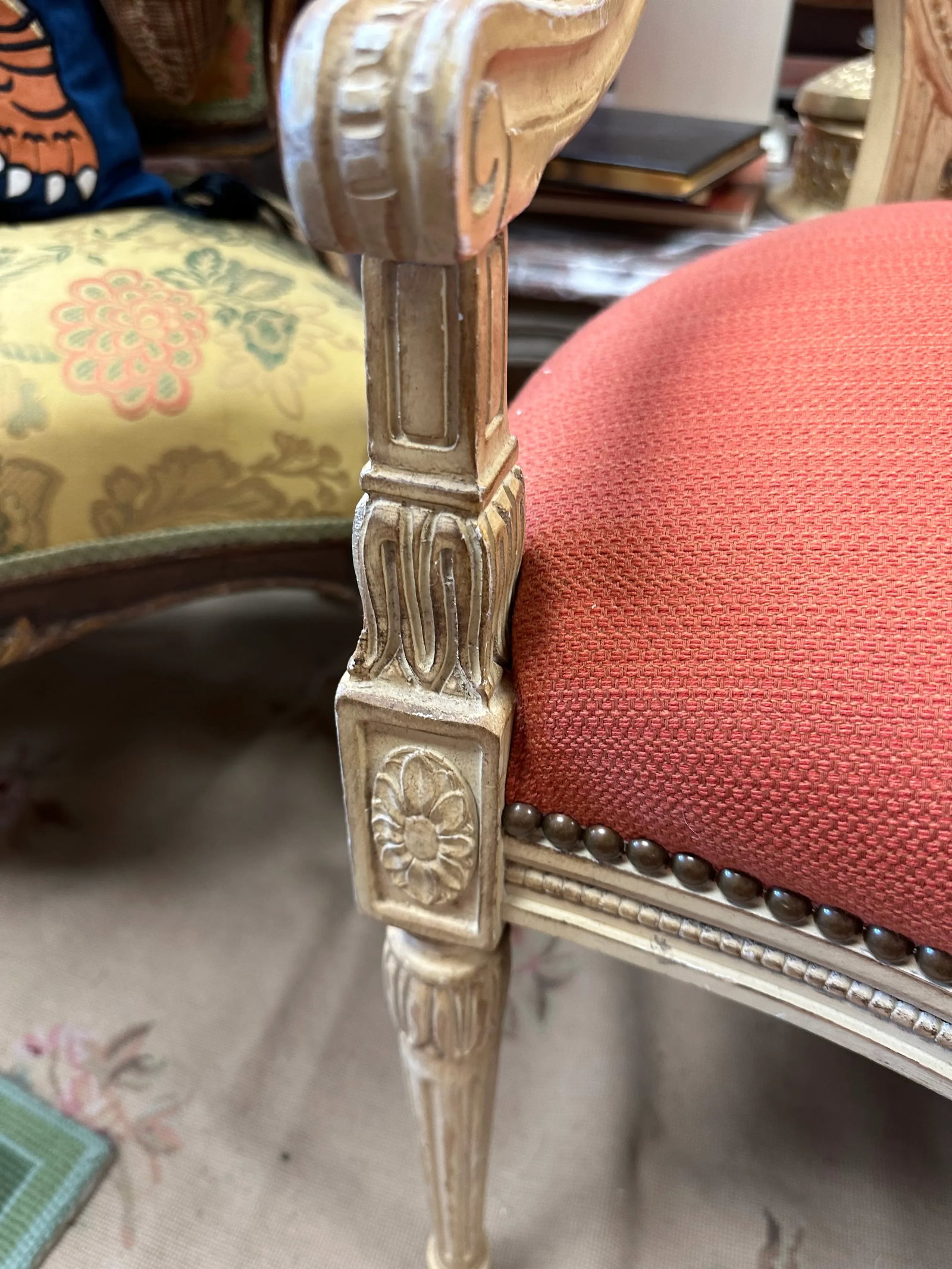 Mid 20th Century Louis Xv Style Coral Upholstered French Arm Chair With Racks Oval Back - 9