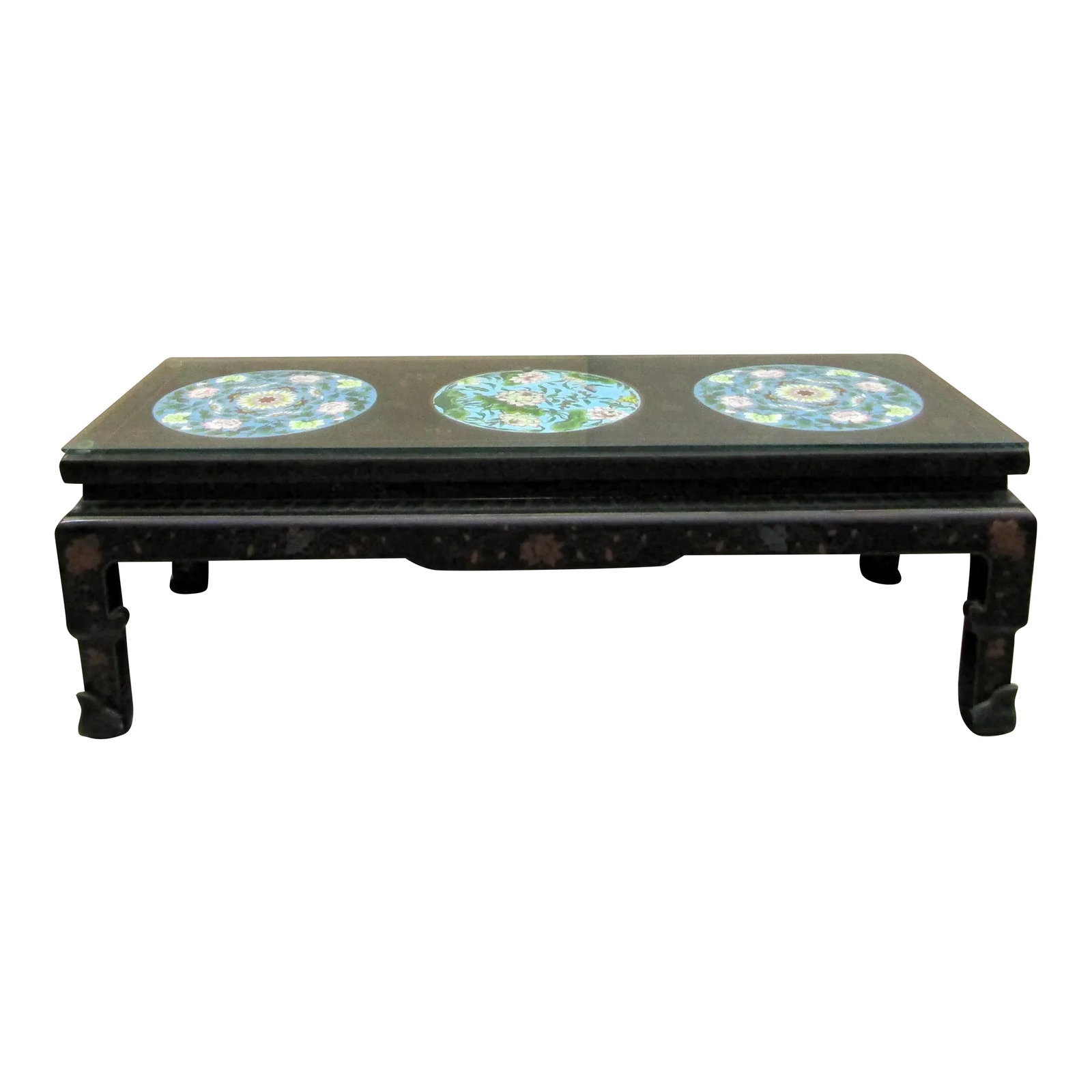 1940s Chinese Black Lacquer Coffee Table With Cloisonne Medallions and Glass Top: Antique Chinese Black Lacquer Coffee Table with Cloisonne Medallions Glass Top Rectangular black lacquer coffee table decorated with cloisonne enamel medallions and lacquered plant motifs. Measures 51