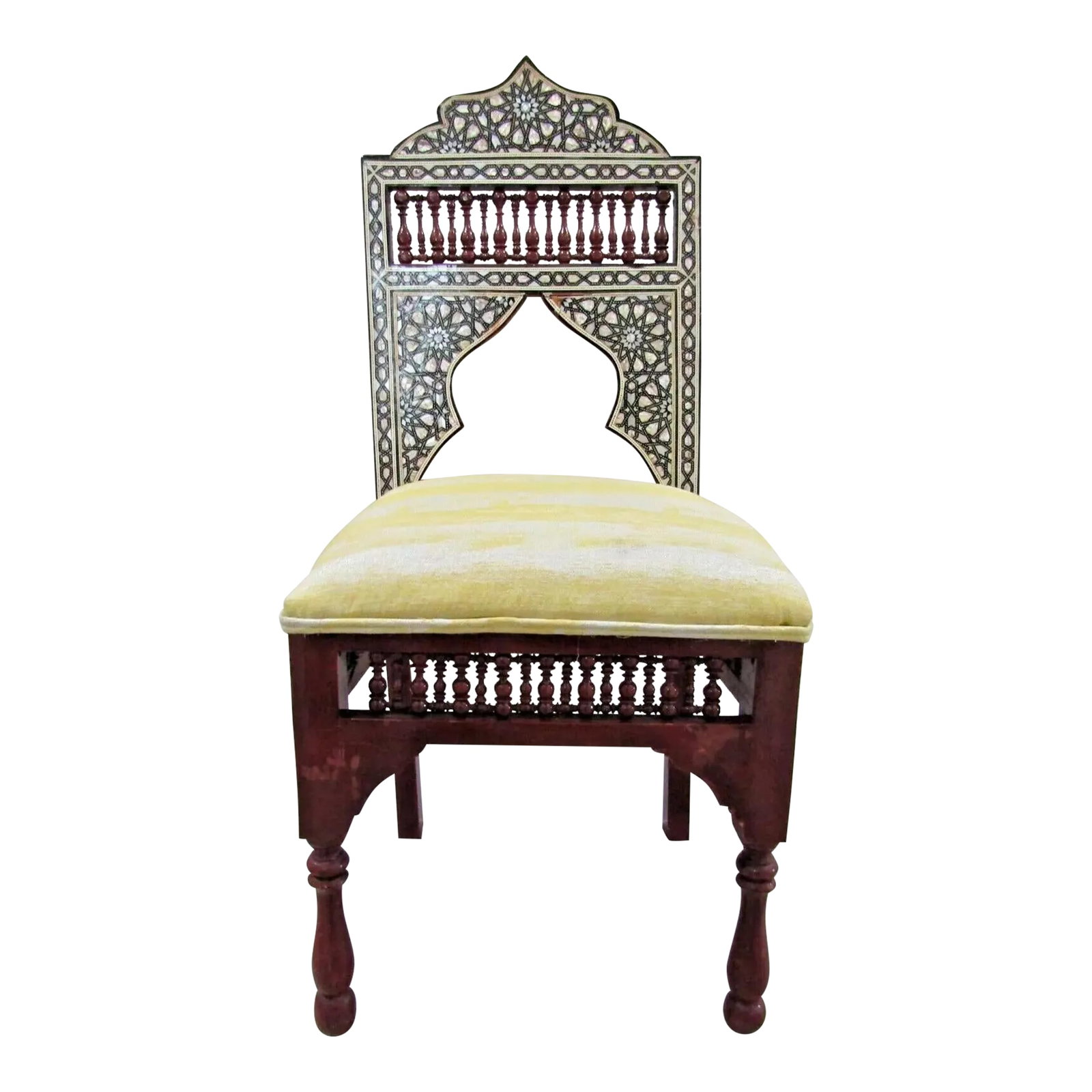 Antique Carved Hardwood and Inlay Mother of Pearl Side Chair Versace Style Seat: Antique 19th Century Carved Syrian Hardwood and Inlay Mother of Pearl Side Chair with Versace Style Fabric Seat Found in an high end Miami estate sale. Inlaid mother of pearl back and top. Carved