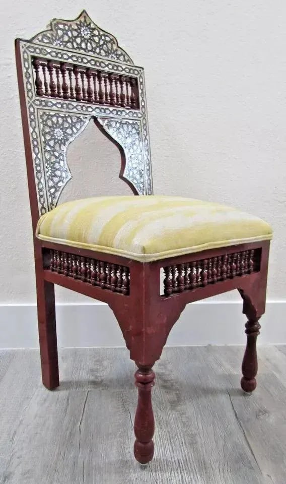 Antique Carved Hardwood and Inlay Mother of Pearl Side Chair Versace Style Seat - 7