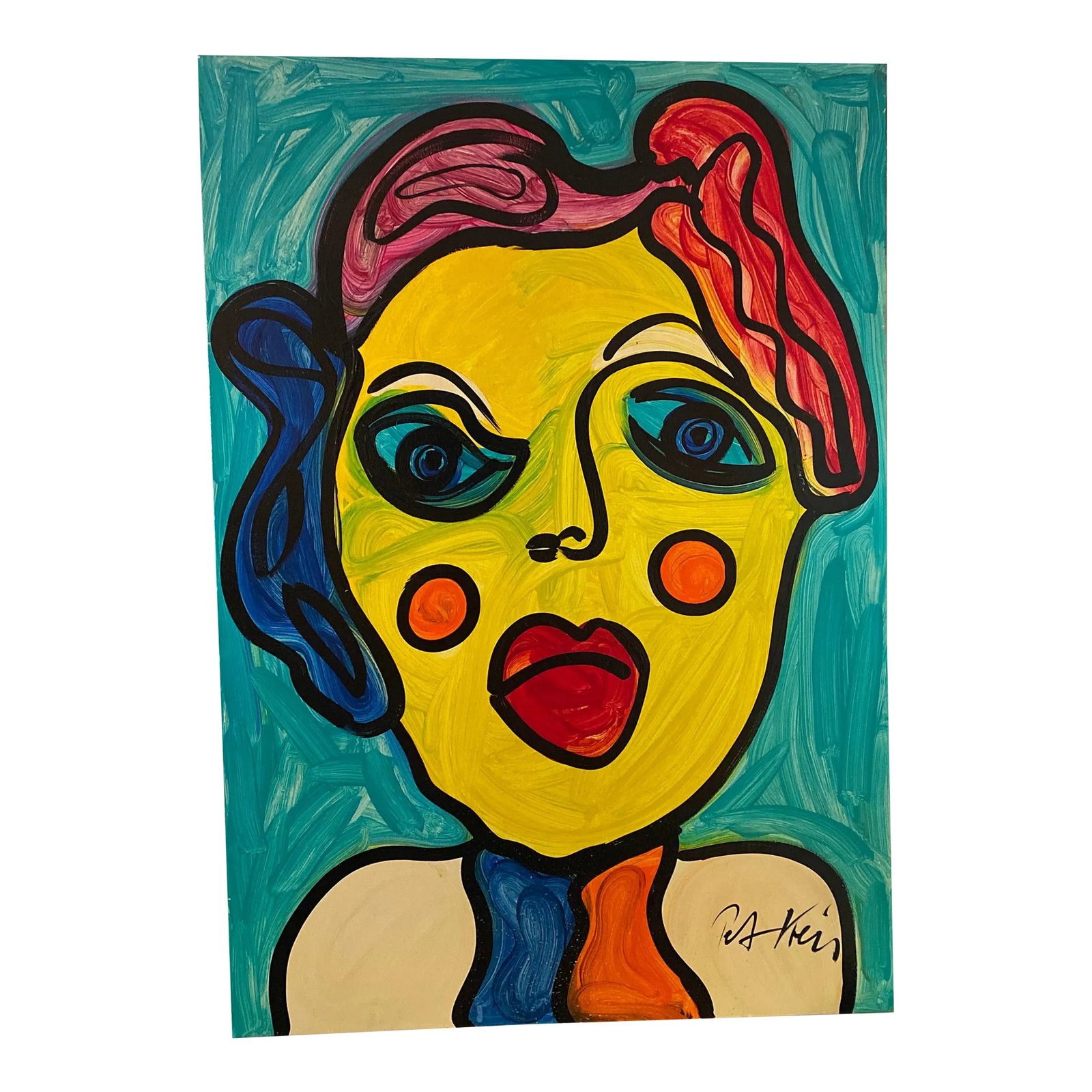 1970s Abstract Oil on Canvas Painting by Peter Keil: Fantastic Original Painting by 81 yr old International German Artist Peter Robert Keil (born 1942). This beautiful piece was executed on large scale canvas and depicts a colorful womans abstract portr