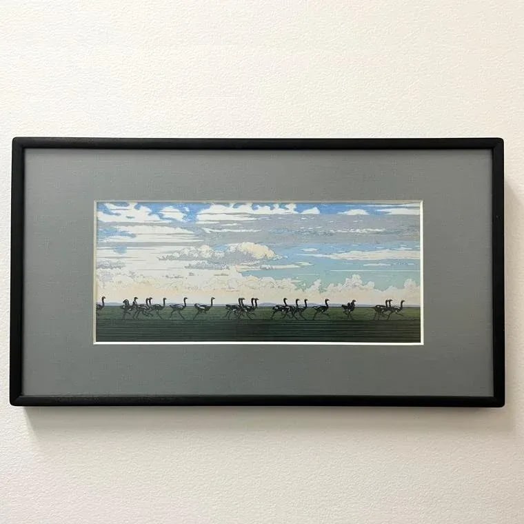 "Running Ostrich" Japanese Woodblock Print by Yoshida Toshi Circa 1984 - 8