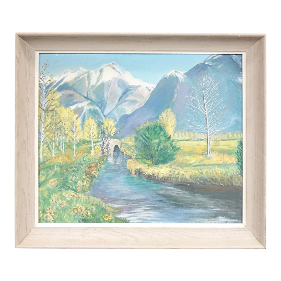 Mid 20th Century **"Mediterranean Garden Terrace" - Framed Original Oil Painting Signed on the Botto: Transport yourself to a sunlit Mediterranean escape with this stunning original oil painting titled "Mediterranean Garden Terrace." Bursting with color and life, the scene features a whitewashed