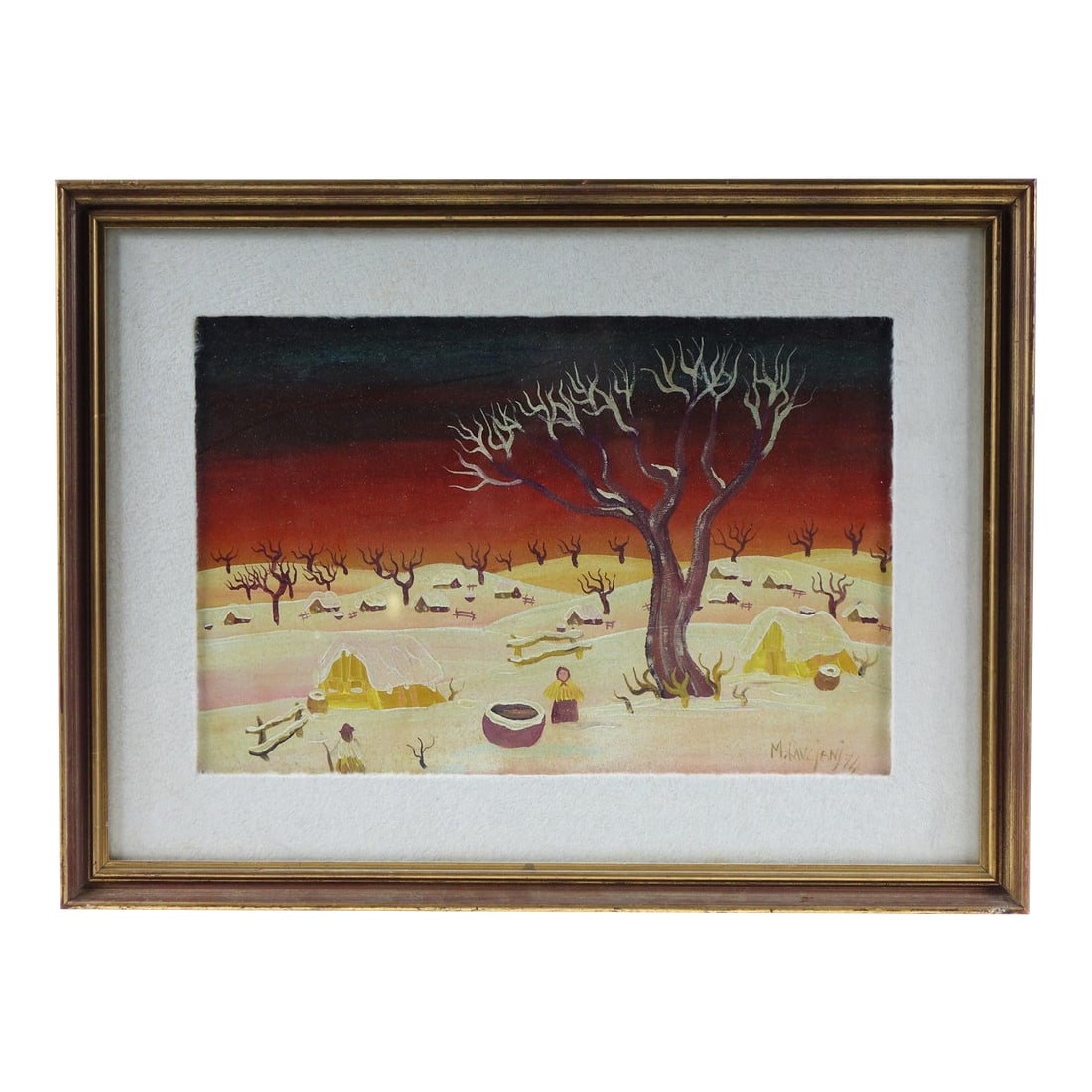"Firesky Over Winter Village" - Mid 20th Century Original Acrylic on Canvas Board Signed, Framed: This painting is a captivating original acrylic painting on canvas board that invites viewers into a stylized rural scene under an intense winter sky. Painted in a folk art style with elements of