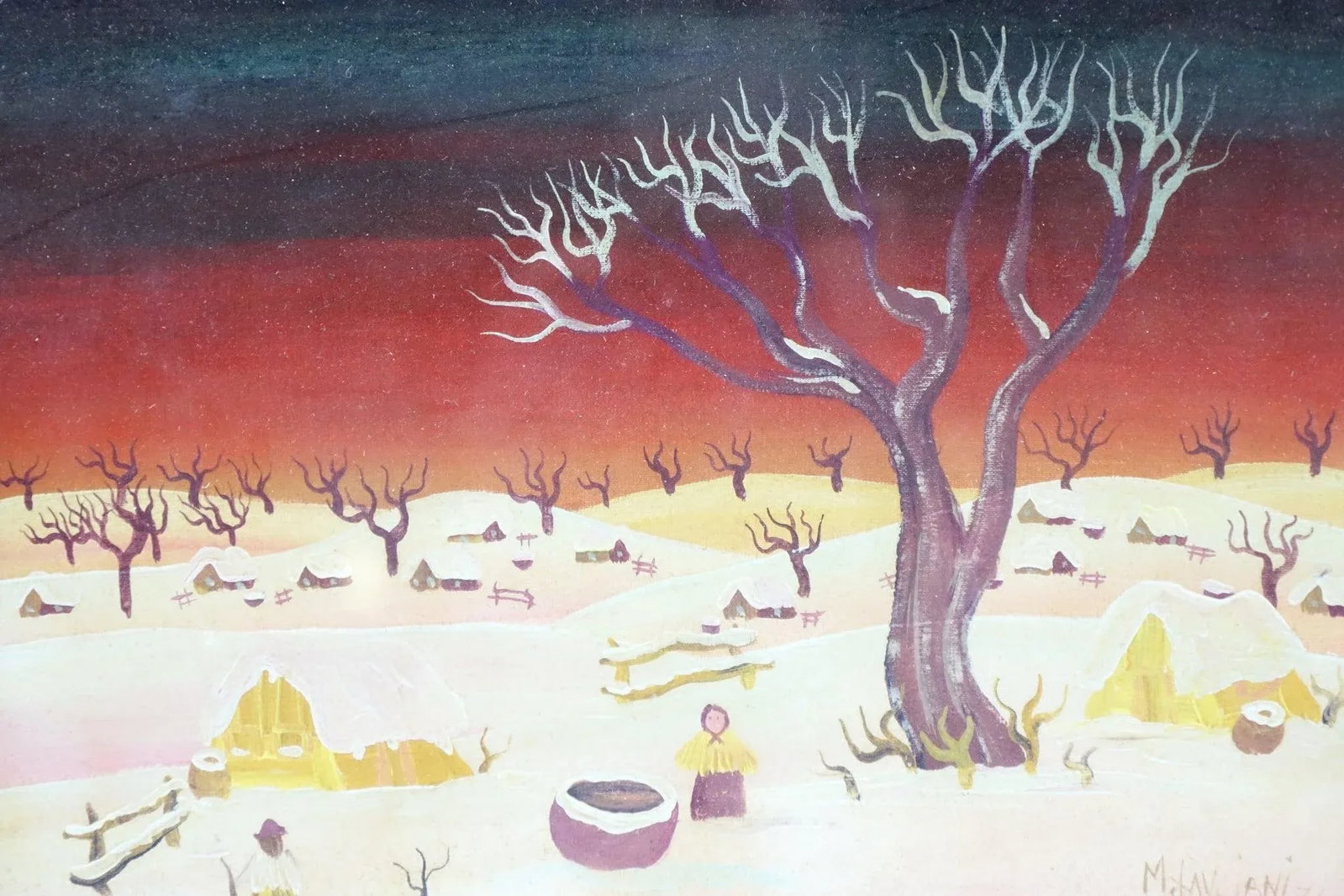 "Firesky Over Winter Village" - Mid 20th Century Original Acrylic on Canvas Board Signed, Framed - 4