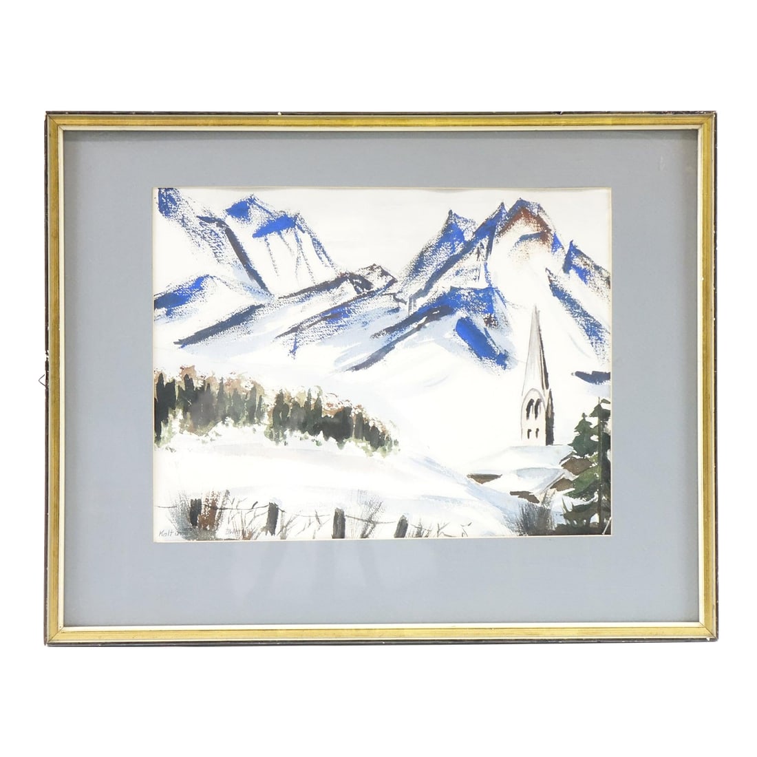 Echoes of the Frozen Alps - Original Watercolor on Paper Signed: This captivating original watercolor on paper presents a sweeping alpine winter scene filled with expression and motion. The composition is an elegant fusion of expressionism and modern minimalism,
