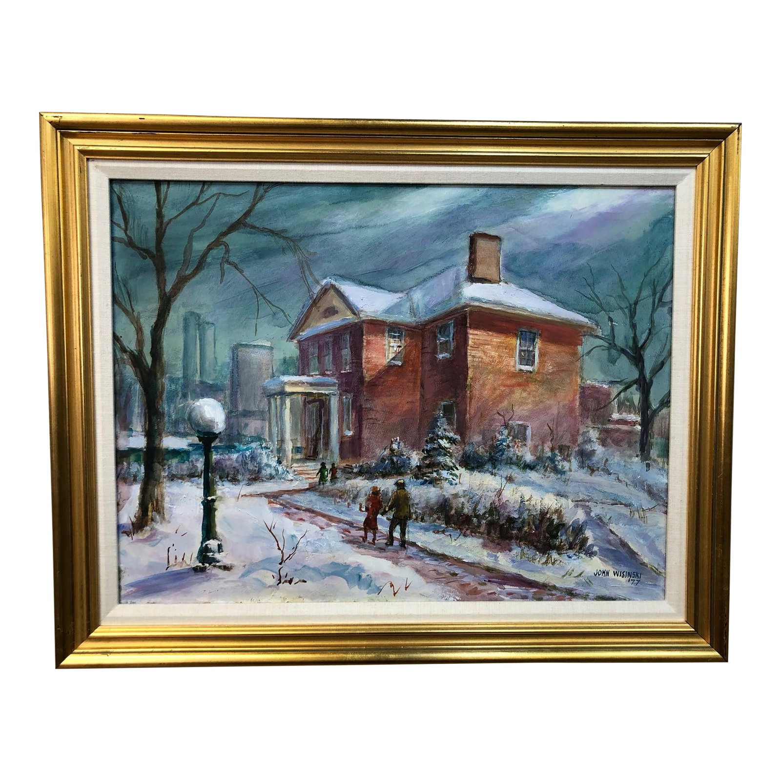 "Winter Stroll by the Brick House" - Original Oil Painting Signed on the Bottom 1977, Framed: This original oil painting by John D. Wisinski captures a serene snowy day outside a stately red brick house. Two figures walk along a winding path, their presence adding warmth to the cold, wintry