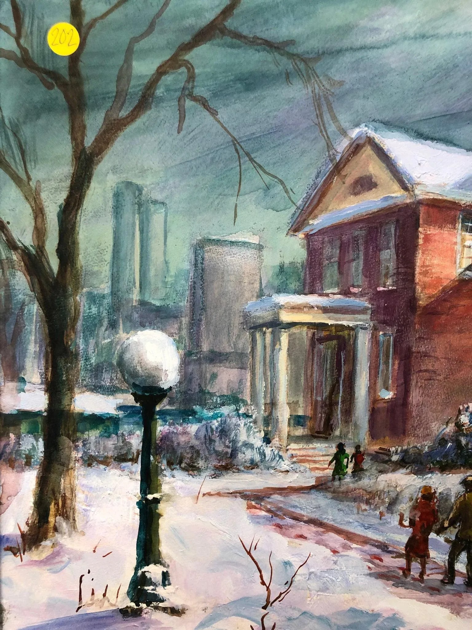 "Winter Stroll by the Brick House" - Original Oil Painting Signed on the Bottom 1977, Framed - 5