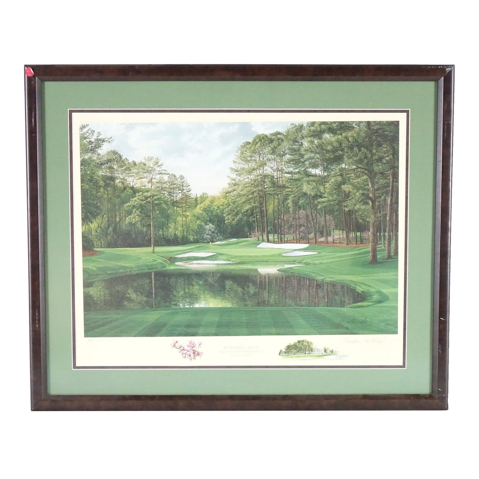 "The 16th Hole" by Linda Hartough - Late 20th Century Lithograph Signed and Stamped With Signet, Fra: This stunning limited-edition lithograph by acclaimed golf landscape artist Linda Hartough captures the serene and iconic beauty of the 16th hole at Augusta National Golf Club, affectionately known