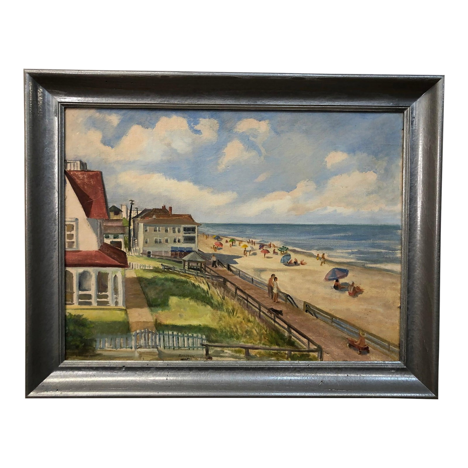 "Summer Rhythms" - Early 20th Century Beach Original Oil on Board Signed on the Bottom, Framed: This charming original oil on board beautifully captures a lively summer day at the beach, rendered in a vibrant and sunlit coastal style. With expressive brushwork and a keen eye for atmospheric deta