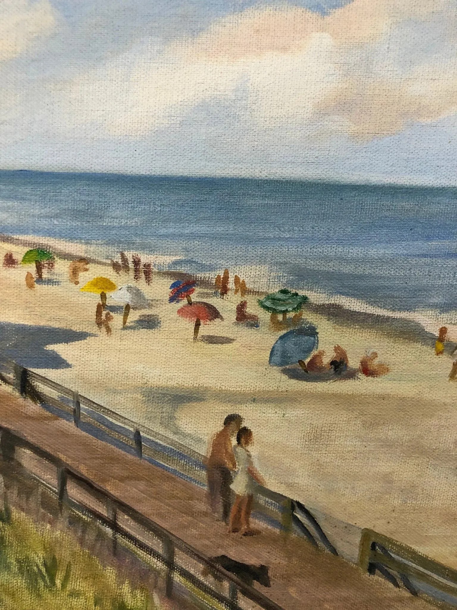 "Summer Rhythms" - Early 20th Century Beach Original Oil on Board Signed on the Bottom, Framed - 4