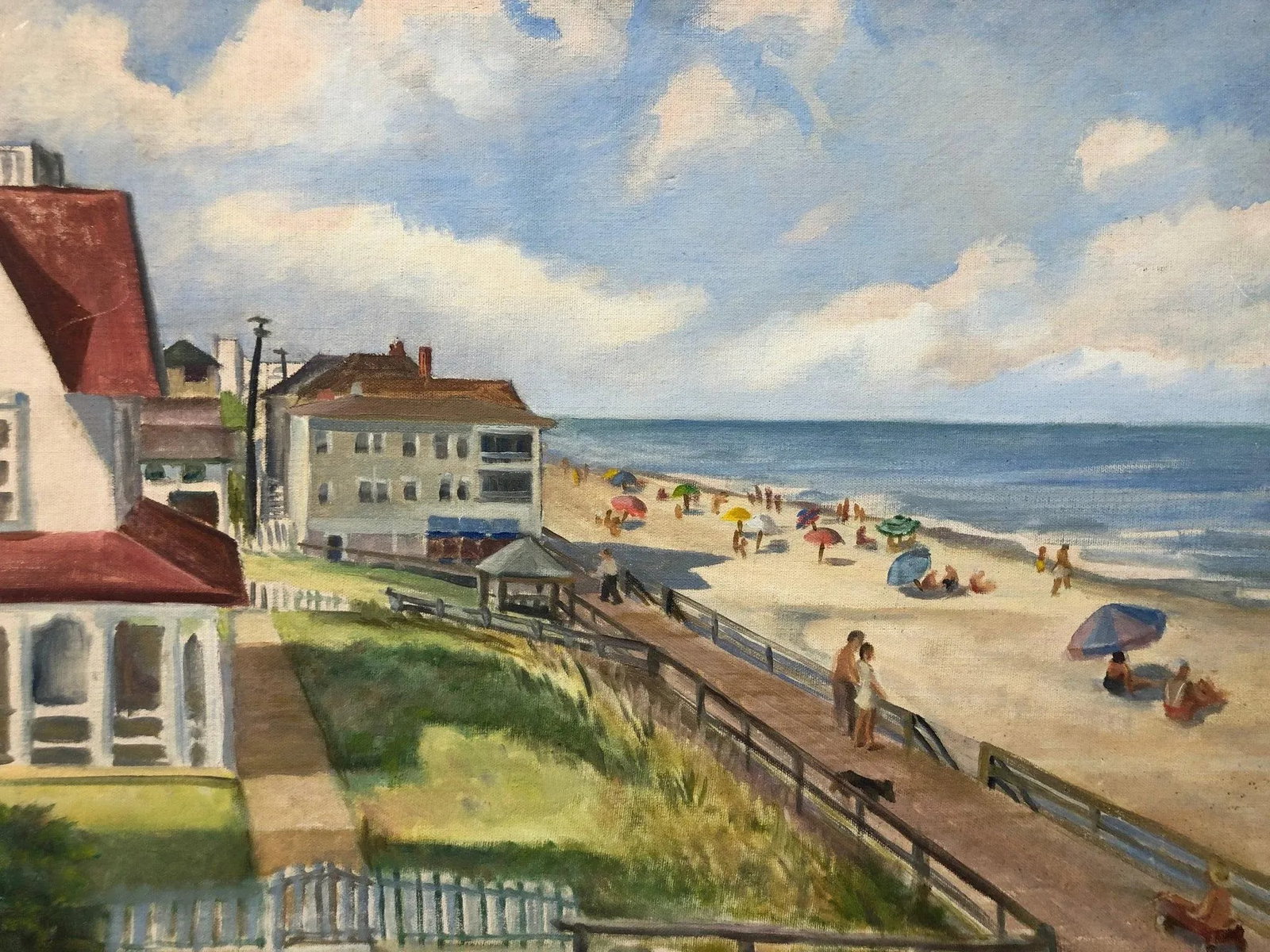 "Summer Rhythms" - Early 20th Century Beach Original Oil on Board Signed on the Bottom, Framed - 5