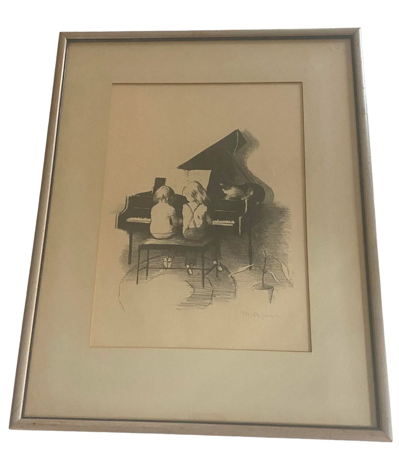 Mid 20th Century Vintage Framed Signed Contemporary Original Lithograph "Duet" by Artist Margery Aus - 12