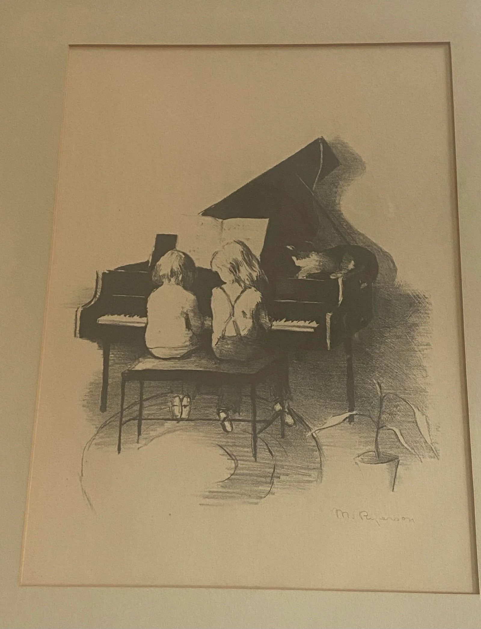 Mid 20th Century Vintage Framed Signed Contemporary Original Lithograph "Duet" by Artist Margery Aus - 2