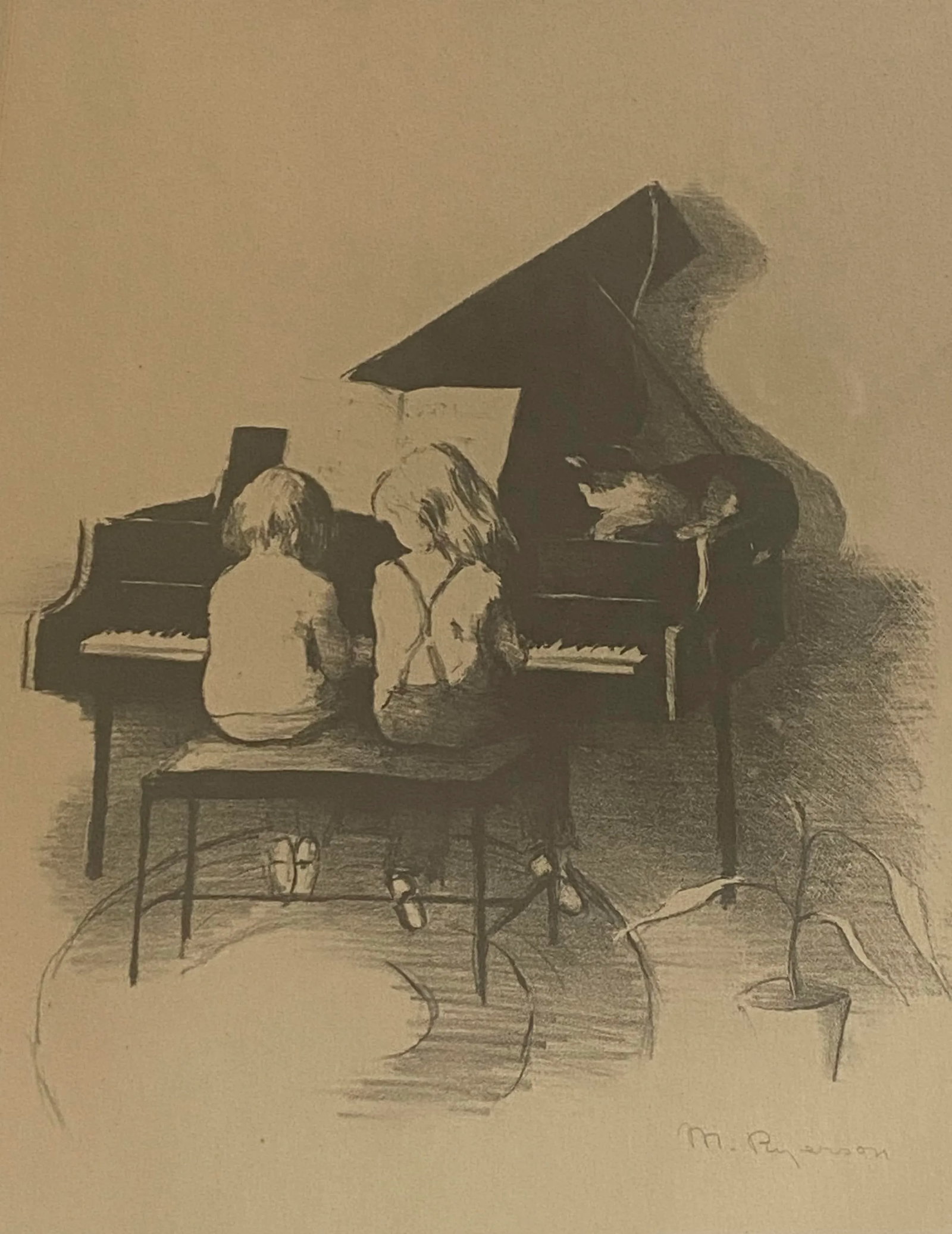 Mid 20th Century Vintage Framed Signed Contemporary Original Lithograph "Duet" by Artist Margery Aus - 3