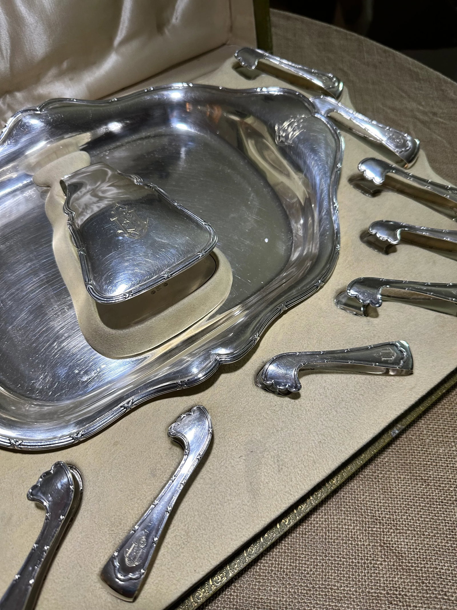 Early 1900s Belgian Silver Asparagus Serving and Eating Set With Platter, Server and 12 Tongs- 15 Pi - 12