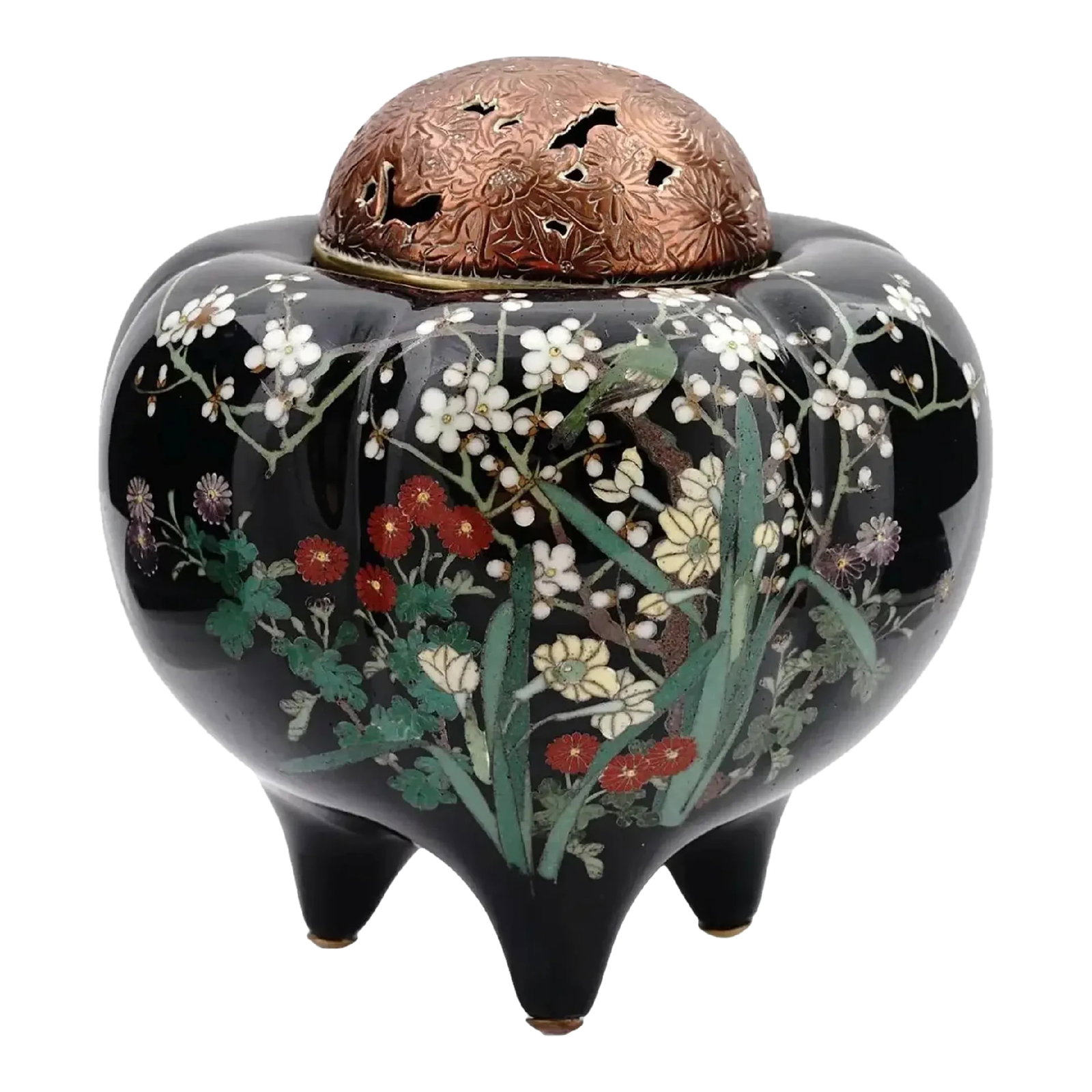 Late 19th Century Antique Meiji Japanese Cloisonne Enamel Silver Wire Koro Censer Bird in Cherry Blo: An antique Japanese copper tripod incense burner of Koro type with silver wire cloisonne enamel design. Late Meiji period Dimensions: H 5 1/2 in. All measurements are approximate. Condition Overall