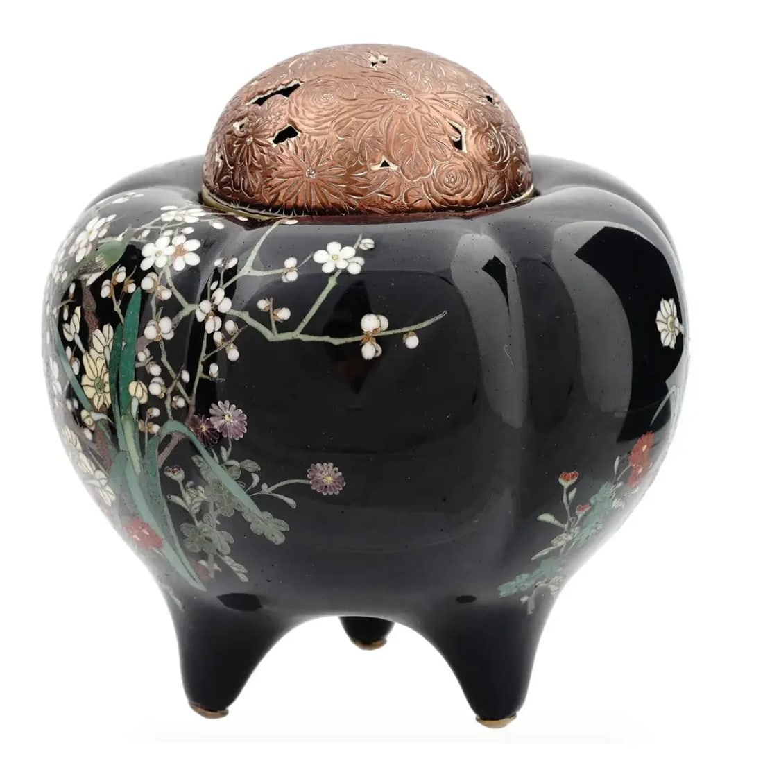 Late 19th Century Antique Meiji Japanese Cloisonne Enamel Silver Wire Koro Censer Bird in Cherry Blo - 5