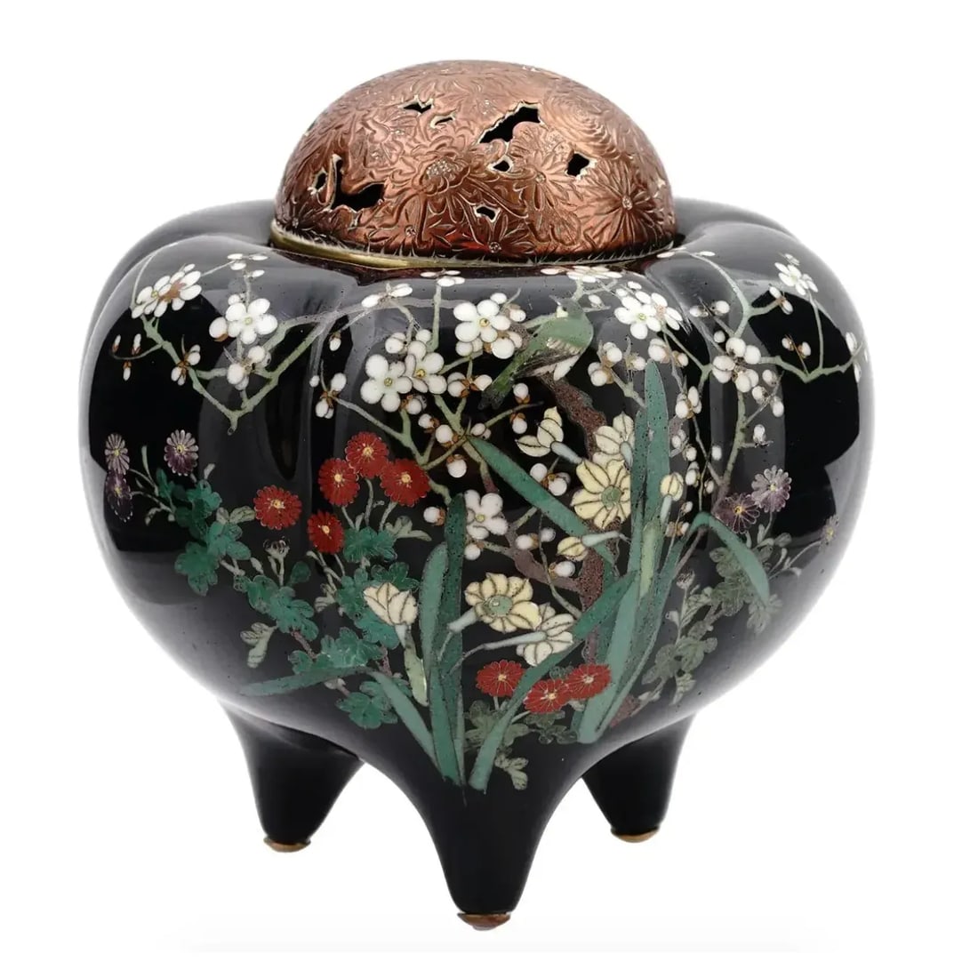 Late 19th Century Antique Meiji Japanese Cloisonne Enamel Silver Wire Koro Censer Bird in Cherry Blo - 6