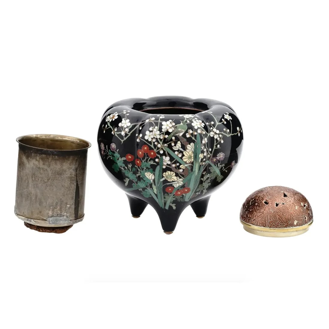 Late 19th Century Antique Meiji Japanese Cloisonne Enamel Silver Wire Koro Censer Bird in Cherry Blo - 7