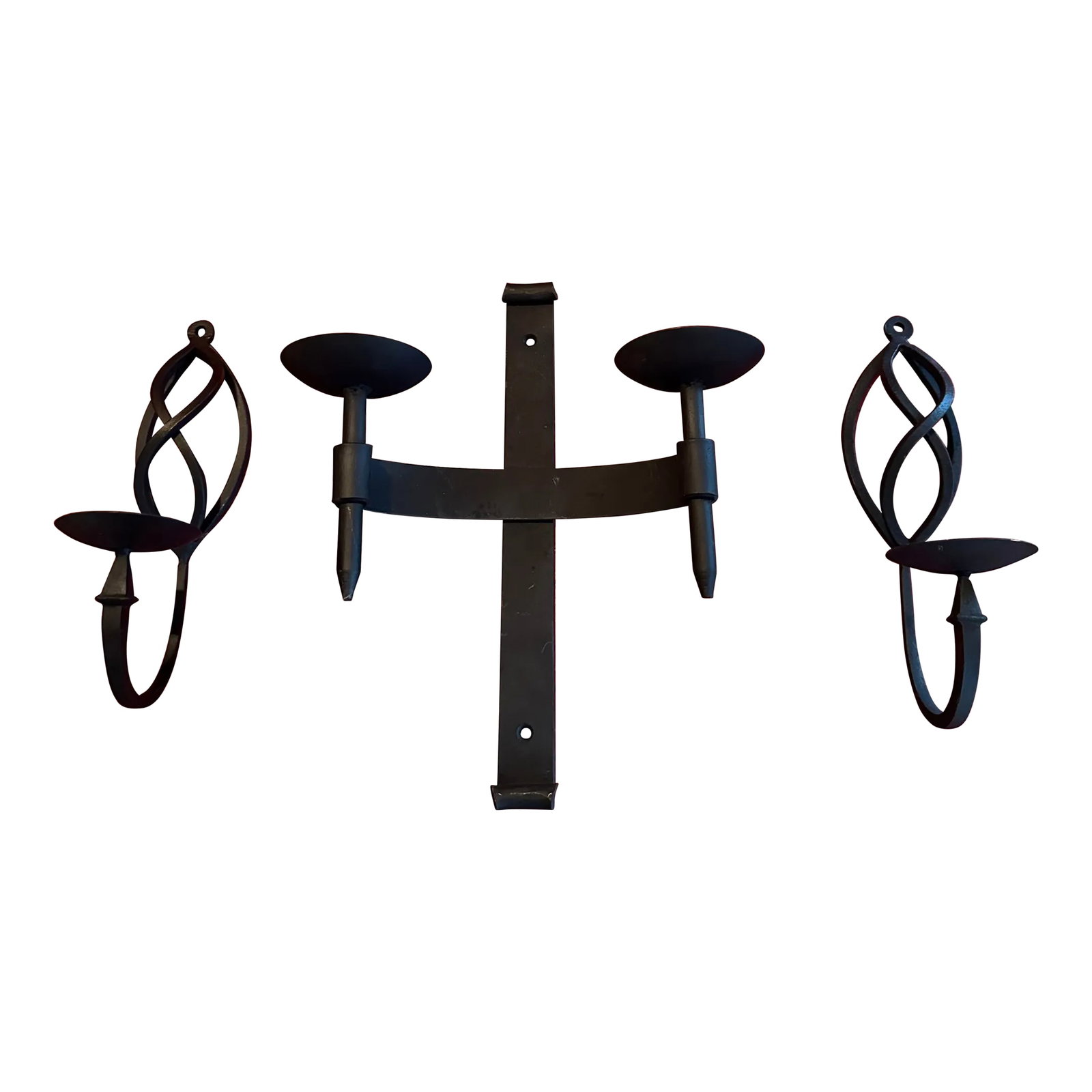 1950s Black Wrought Iron Candle Sconces- 3 Pieces: A very nice set of three candle sconces. One two light and flanked by two single light sconces. Solid made of wrought iron. They'll compliment your modern, traditional or medieval interior decor Condi