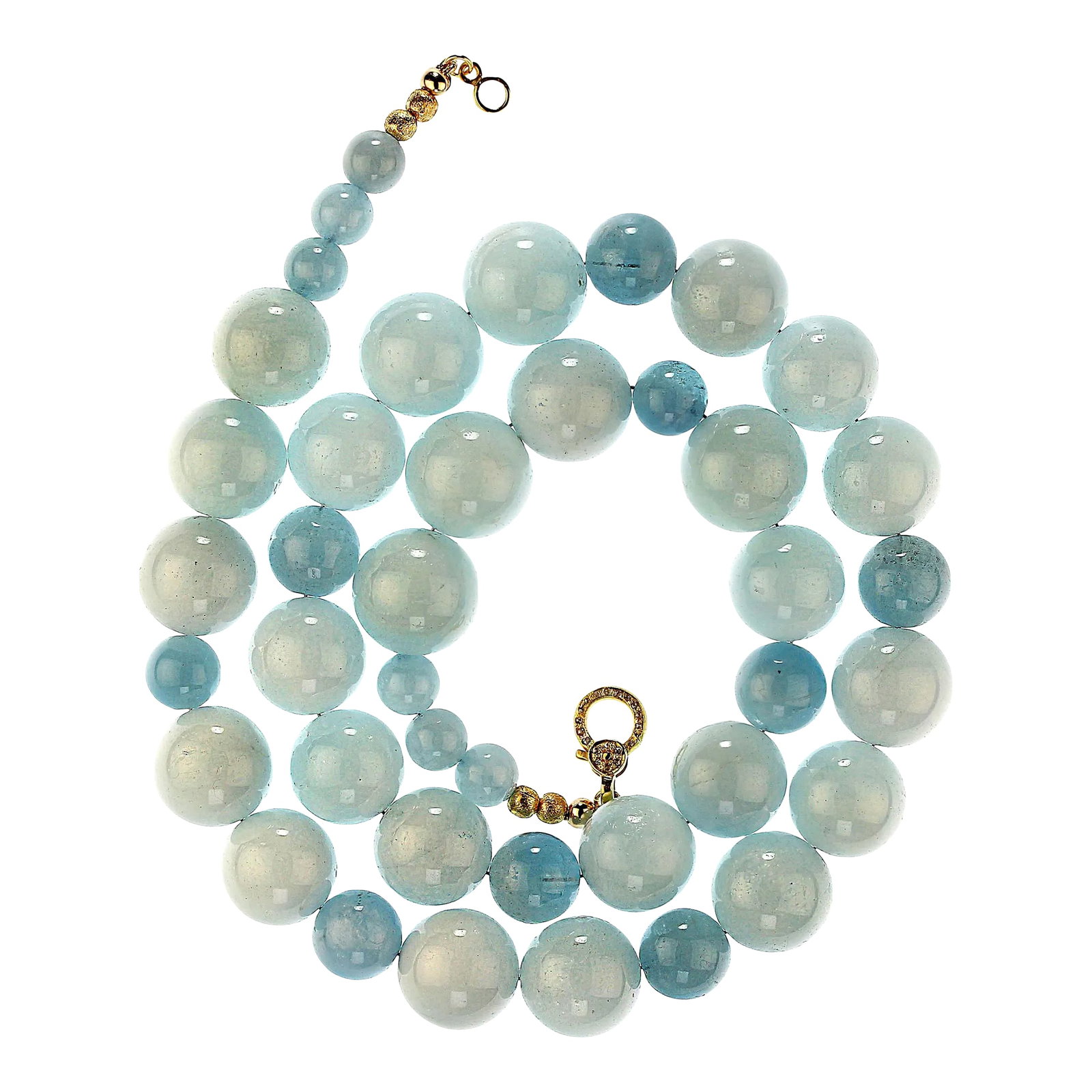 Aquamarine Mixed Tones and Sizes With Diamond Clasp Necklace: Elegant 24-Inch Aquamarine Necklace with Diamond Clasp - Unique and Timeless Add a touch of sophistication to your look with this stunning 24-inch aquamarine necklace. Featuring a beautiful blend of
