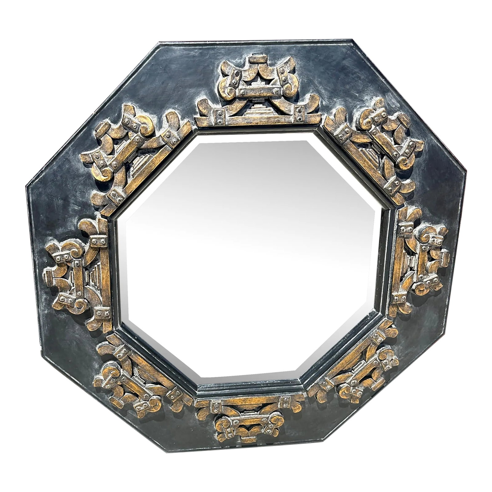Vintage Bassett Asian Inspired Octagon Wall Mirror: Vintage Bassett Furniture Co. Asian Inspired Octagon Wall Mirror. In a dusted gray with gold accents. Light weight easy to hang wall mirror. Perfect for an entry way. 44.5 x 44.5 x 2 Inside mirror 27