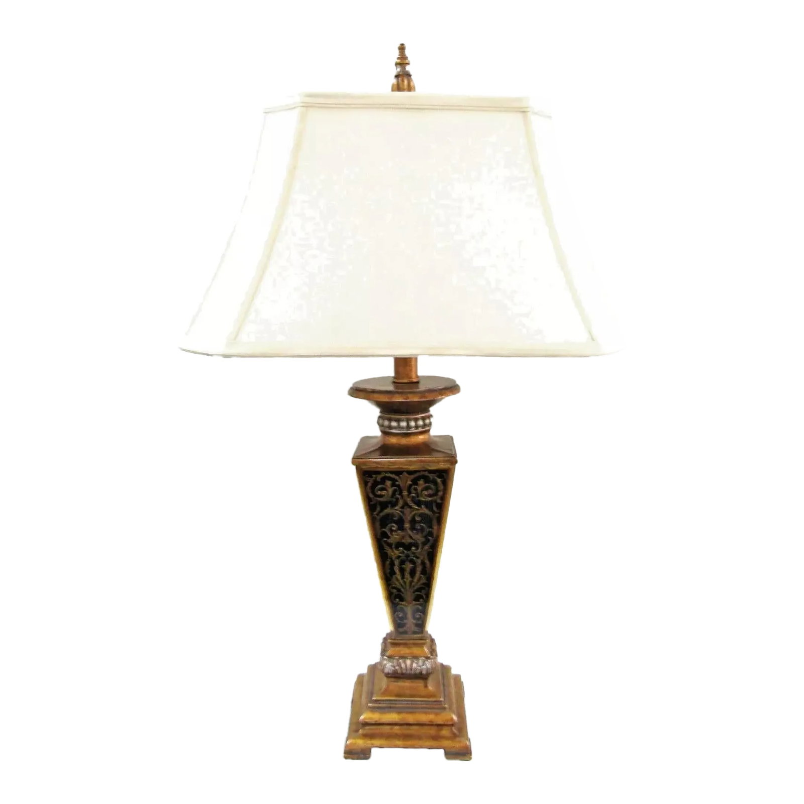 Boulle Style Gold Table Lamp With Shade: Exquisite Boulle Style Gold Table Lamp with Shade The Boulle body is encased in clear acrylic. Metal scroll work behind Lucite. The manufacturer is unknown. Overall measures 16" wide, 11 1/4" deep and