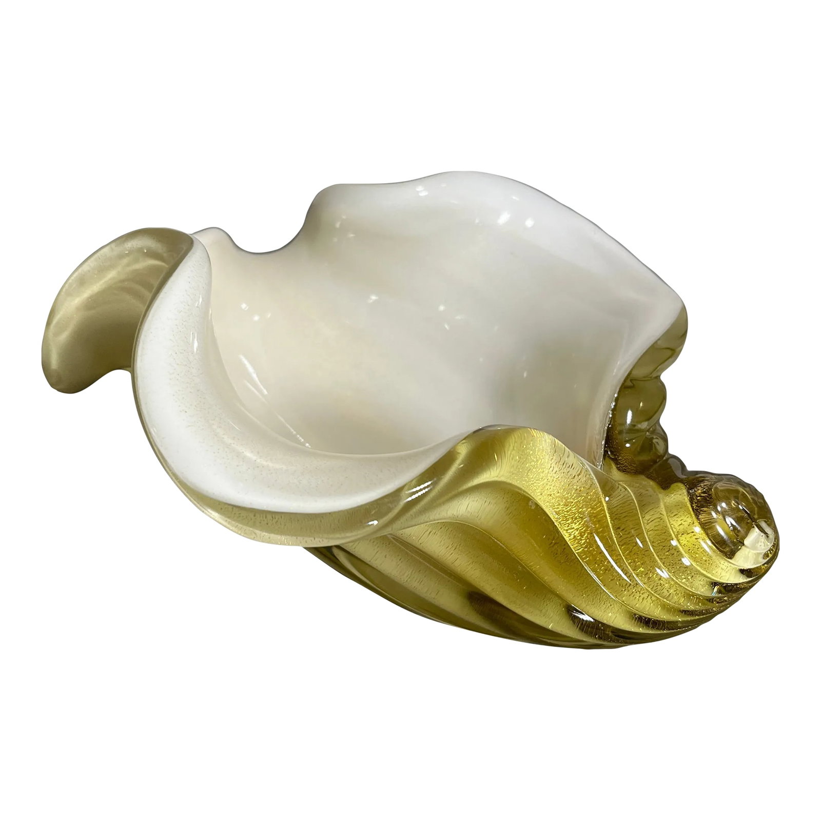 Vintage Murano Barbini Attributed Cased Glass Sea Shell Bowl: Elegantly crafted coastal sea shell bowl. Free form design with a clean white interior and a ribbed exterior in rich gold. I love the lines and movement of this piece. Condition: Alterations: Original