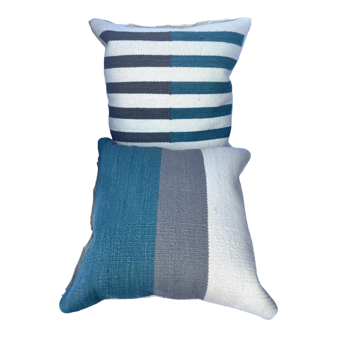 Pair of Ethan Allen Kilim Striped Pillows: Pair of Ethan Allen Kilim Pillows in teal, gray and cream. Pillow inserts can be taken out. Great for a teen boys room. 20 x 20 in size Make sure to follow me, I have flash sales for my followers