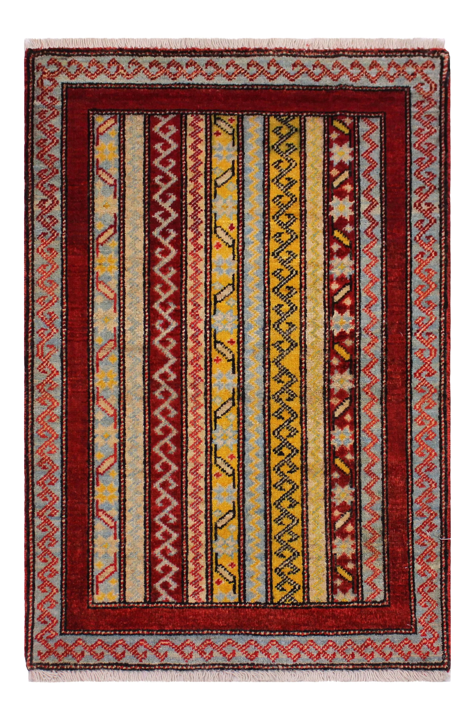1990s Shabby Chic Tribal Khurgeen Red/Gray Wool Rug - 2'0 X 2'1: Designed with a mesmerizing intricate transitional and geometric motif this glorious hand-knotted rug is a masterpiece that will fill any space with sophistication and grace. An exhilarating color