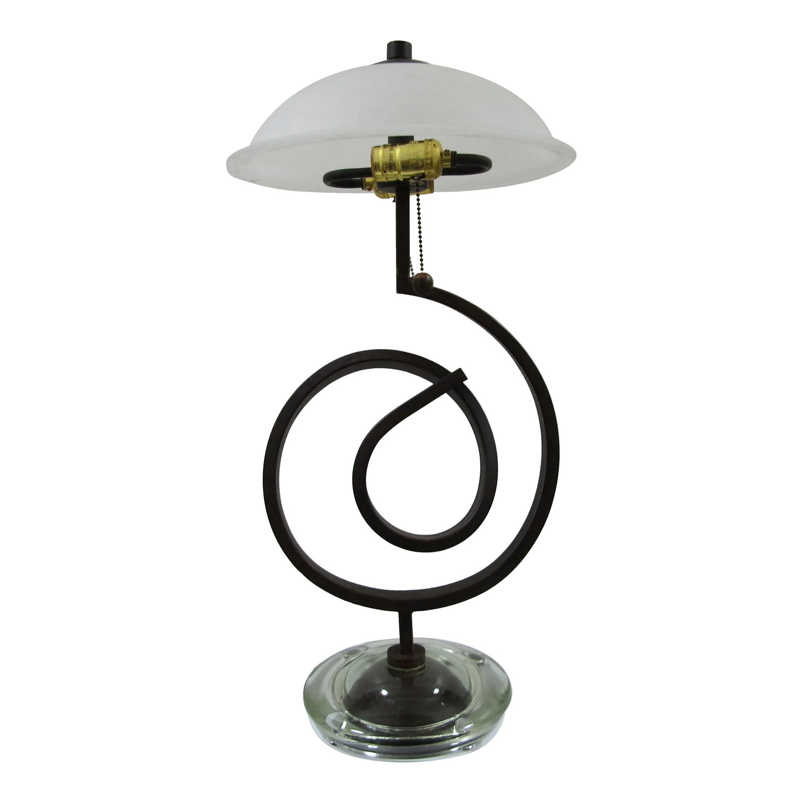 1990s Curled Iron Thick Glass Base Dual Table Lamp With Alabaster Shade: Substantial Curled Iron Thick Glass Base Dual Light Table Lamp with Alabaster Shade The curled iron is 1" wide and 1/2" thick. The glass base has a 8" diameter and is 1 1/2" thick. Measures 13"