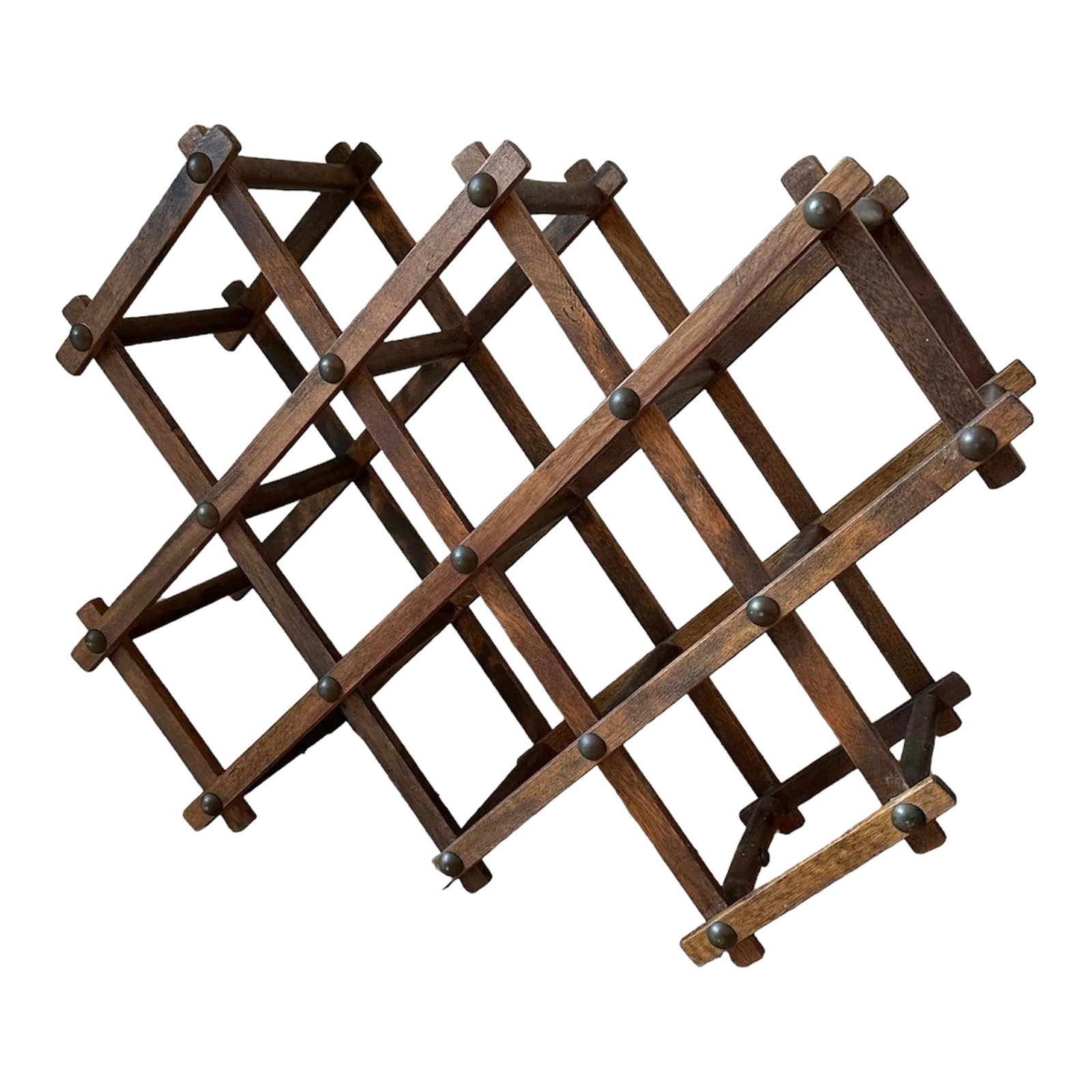 Vintage Accordian Folding Wood Wine Rack: Sturdy vintage accordion style wine rack. Holds 8 bottles Stamped Japan Mid-century Great patina on wood and original metal fasteners. 22" long x 7.5" wide x 17" tall Condition: Alterations: Original 