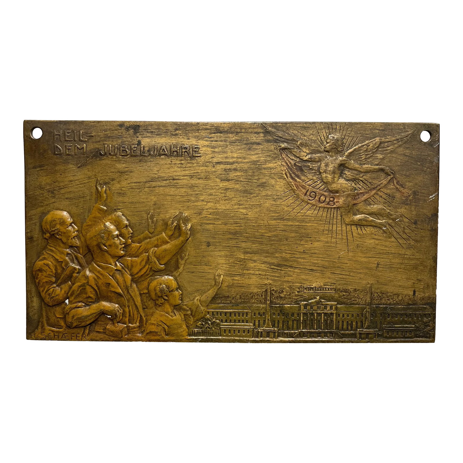 Hans Schaefer Austrian, 1875-1933 Bronze Plaque: Commemorative Austrian plaque for the jubilee year 1908. Celebrating 60 years of the government of Francis Joseph I. Upper left reads HEIL DEM JUBELJAHRE 1908, on the reverse says AM BRAND. Depicts a 