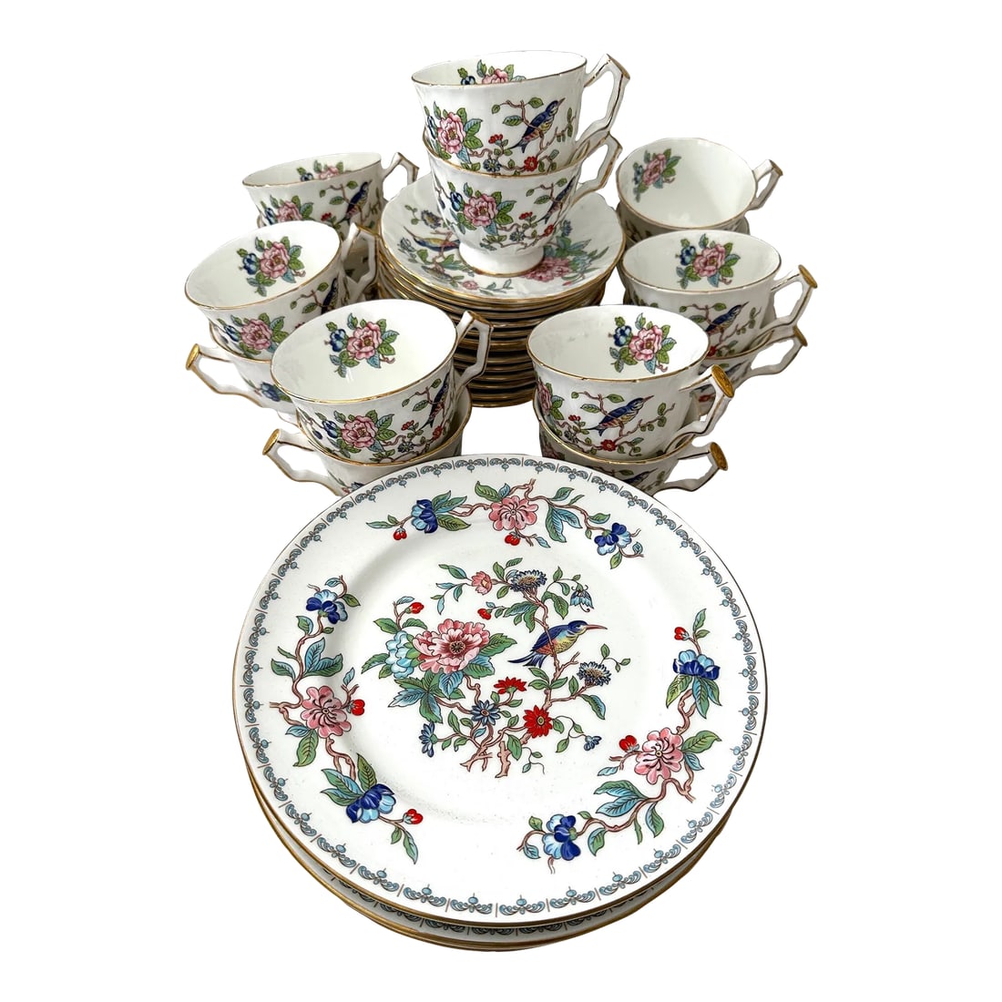 Vintage John Aynsley Pembroke Floral/Bird Motif Bone China-A Set: Vintage Aynsley Pembroke Fine Bone China from England Beautiful floral pattern and gold trim Item#: 3876 Pattern Code: AYNPEM Description: Birds & Floral Rim & Center, Gold Trim Pattern: Pembroke