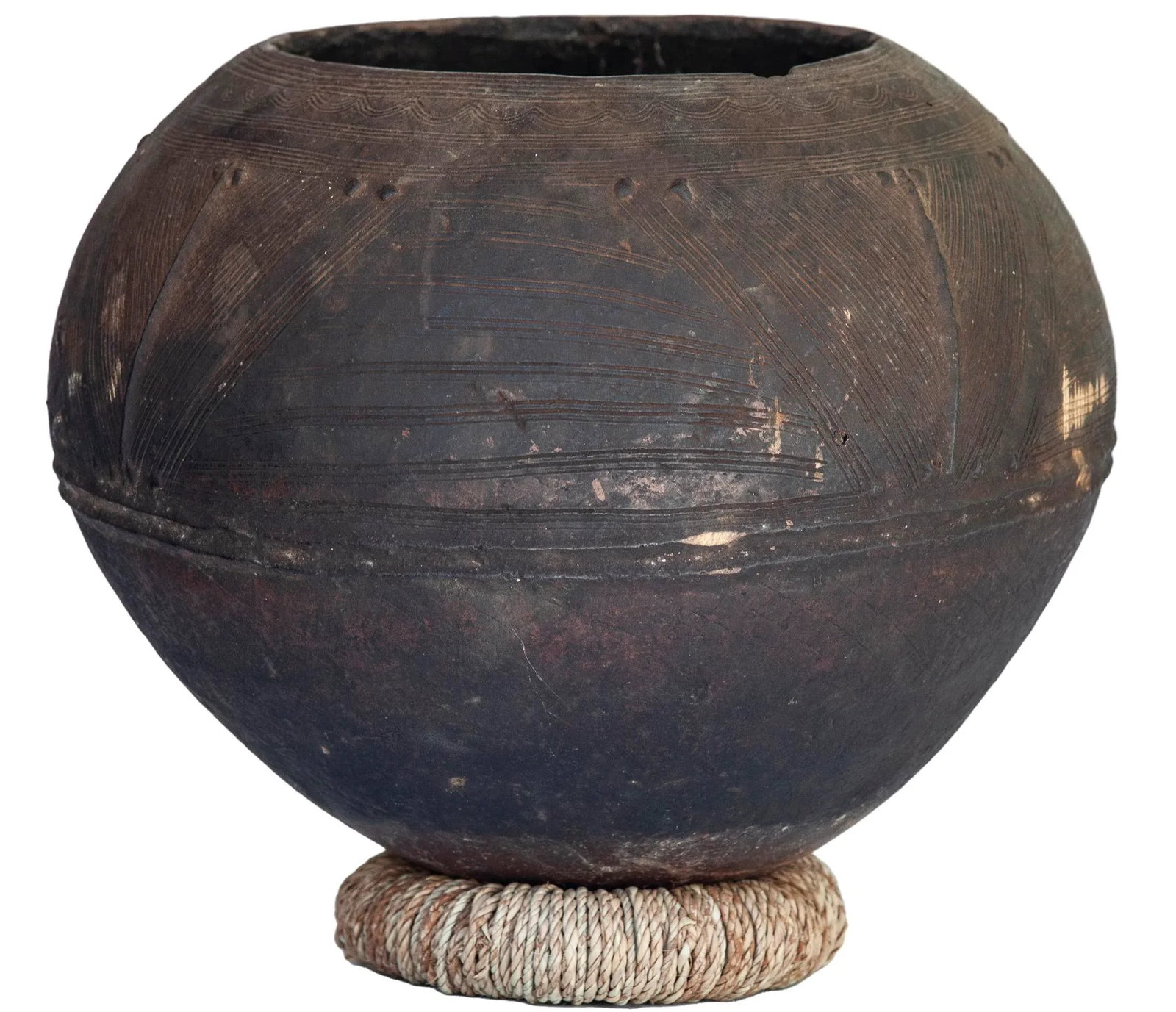 Antique African Clay Pot With Rattan Base - 2