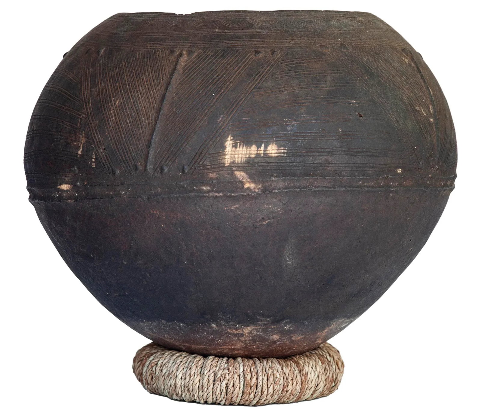 Antique African Clay Pot With Rattan Base - 3
