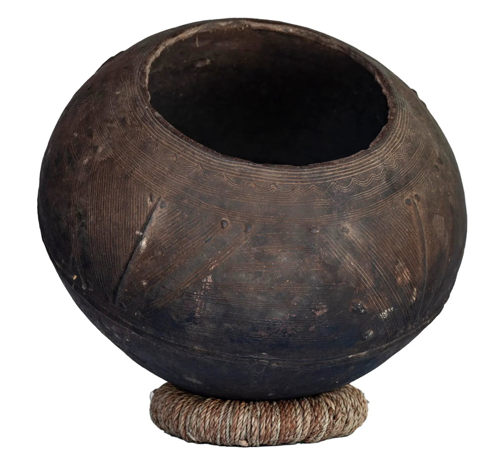 Antique African Clay Pot With Rattan Base - 4