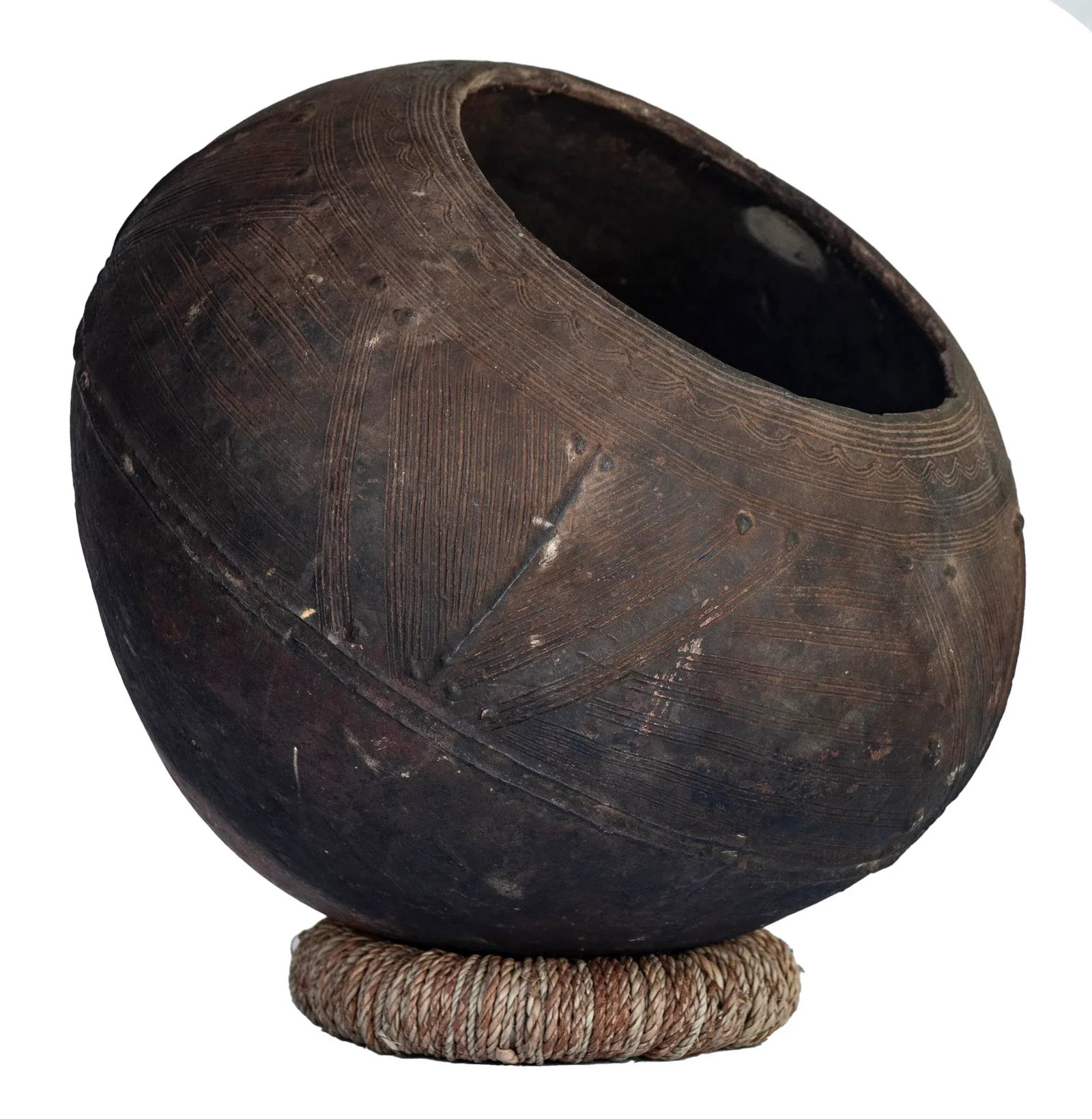 Antique African Clay Pot With Rattan Base - 7