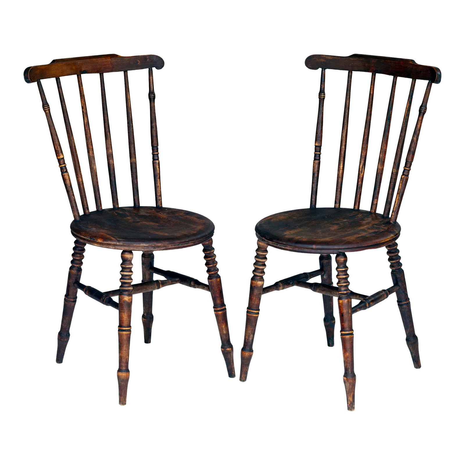 Pair; Late 18 Century Wooden Spindle Chairs: A very charming pair of Armless Antique wabi-sabi style spindle back side chairs with drumstick legs. It Could also be considered Folk Art Made in the late 18th century. A Pair of Traditional chairs