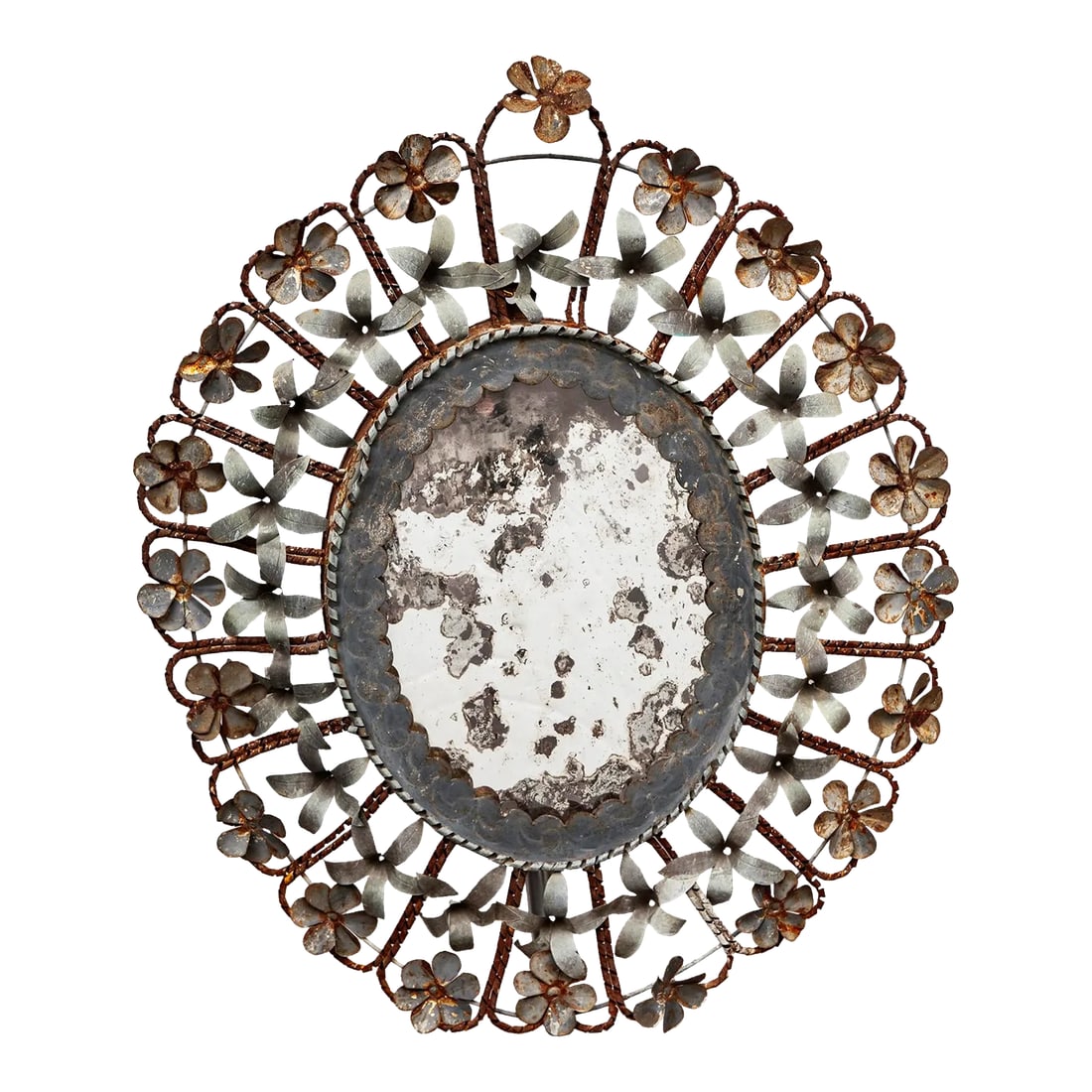 1970s Vintage Oval Floral Galvanized Metal Mirror: Vintage Oval Floral Galvanized Metal Mirror with patina. Very Charming. The Mirror has lost some of the reflective nature due to age, but adds to it's charm. Condition: Alterations: Original