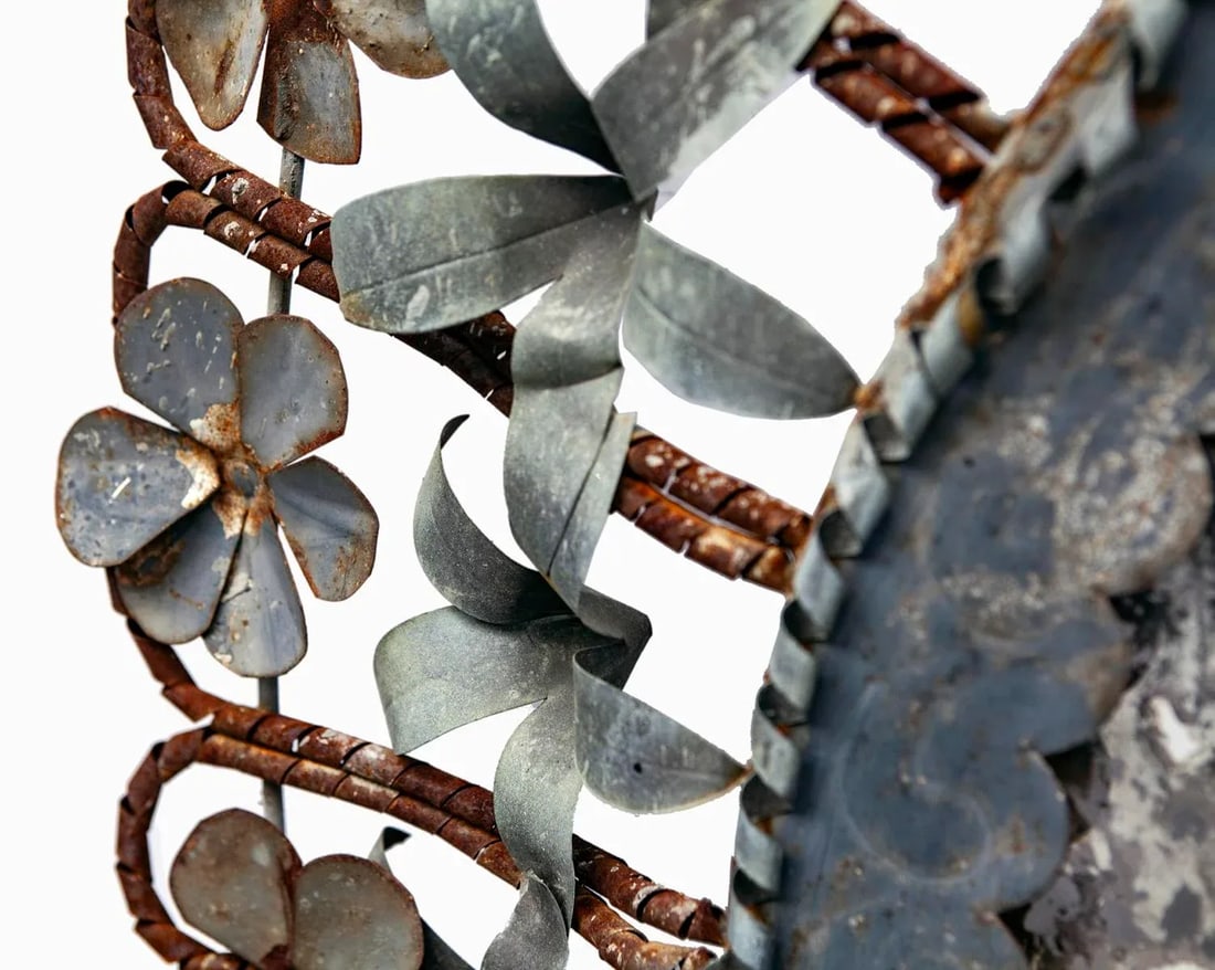 1970s Vintage Oval Floral Galvanized Metal Mirror - 3